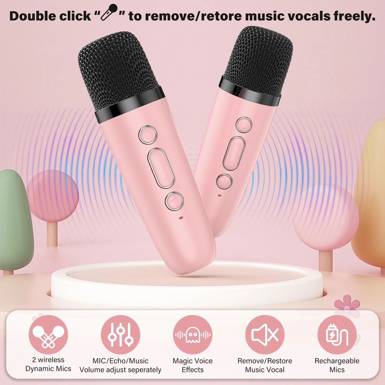 JYX Mini Karaoke Machine for Kids, Portable Bluetooth Karaoke Speaker Unpowered Cabinets with 1 Wireless Microphones and Party Lights and Adults, Birthday Gifts for Girls Boys Family Home Party(Pink) Pink-2Mic - Image 5