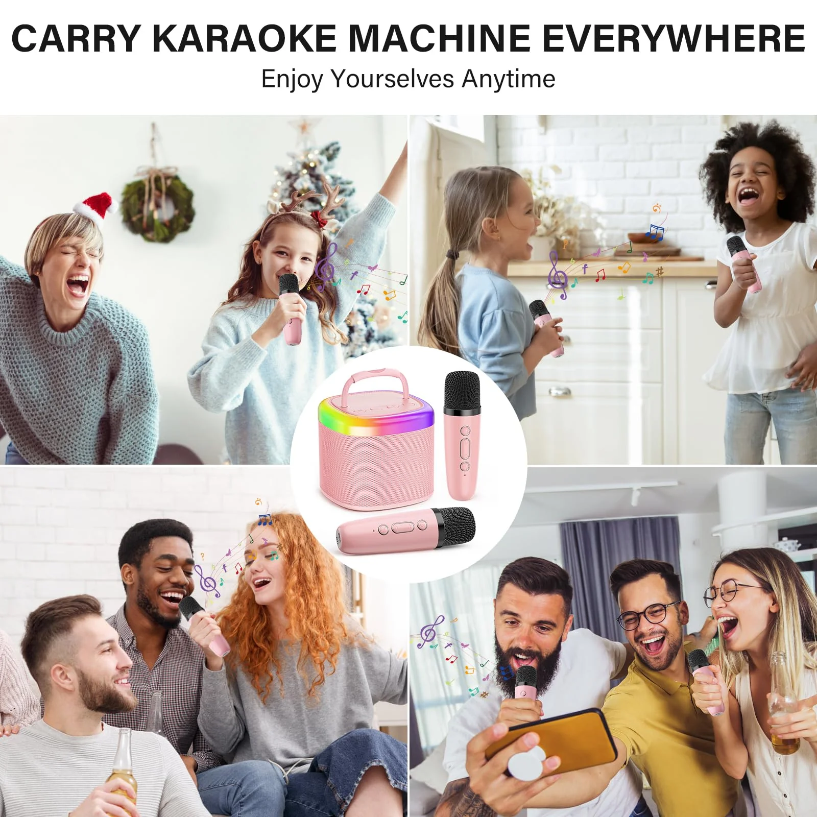 JYX Mini Karaoke Machine for Kids, Portable Bluetooth Karaoke Speaker Unpowered Cabinets with 1 Wireless Microphones and Party Lights and Adults, Birthday Gifts for Girls Boys Family Home Party(Pink) Pink-2Mic - Image 8