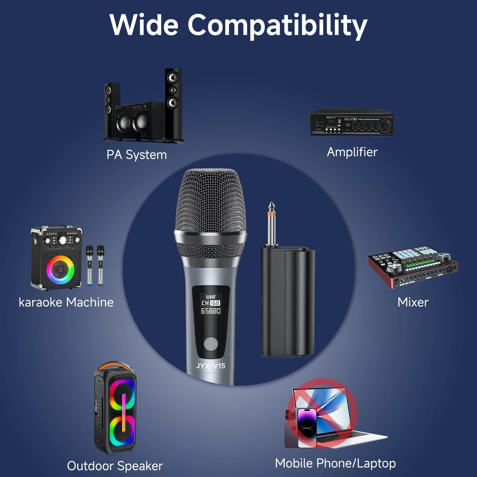 JYX Wireless Microphone, Professional UHF Metal Handheld Dynamic Mic System with Rechargeable Receiver 1/4''(6.35mm) Plug, for Amplifier, PA System, Karaoke Singing, Wedding, Party, Speech, Church - Image 6