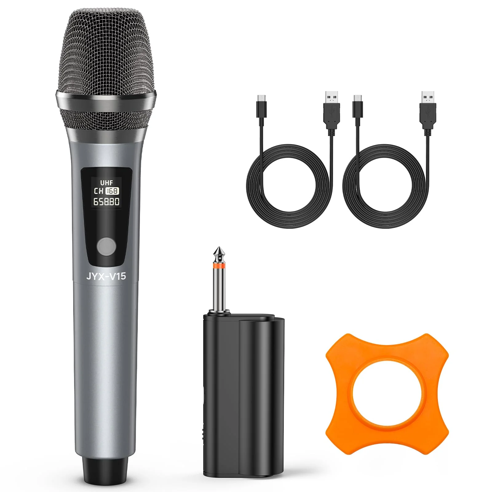 JYX Wireless Microphone, Professional UHF Metal Handheld Dynamic Mic System with Rechargeable Receiver 1/4''(6.35mm) Plug for Amplifier, PA System, Karaoke Singing, Wedding, Party, Speech, Class Grey