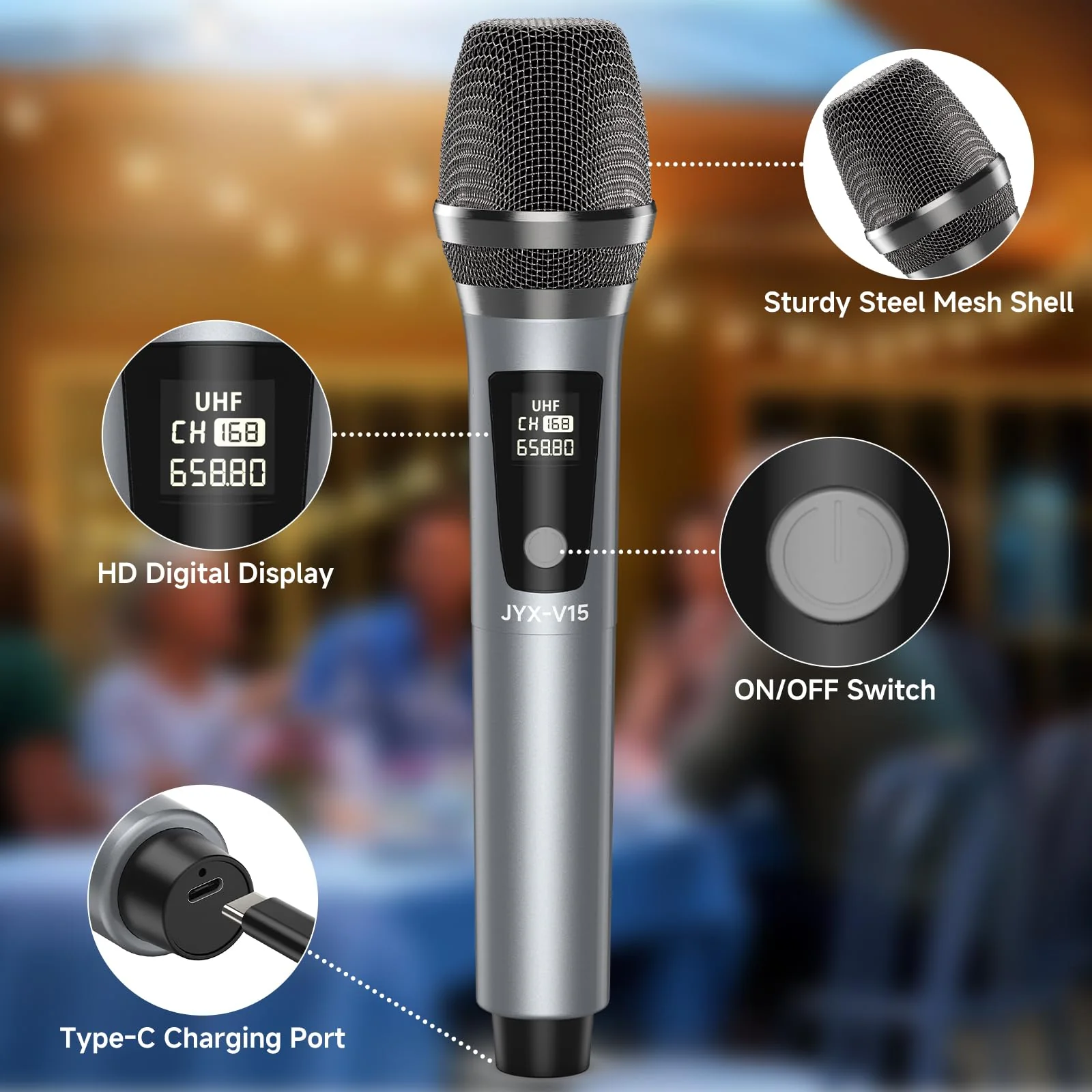 JYX Wireless Microphone, Professional UHF Metal Handheld Dynamic Mic System with Rechargeable Receiver 1/4''(6.35mm) Plug for Amplifier, PA System, Karaoke Singing, Wedding, Party, Speech, Class Grey - Image 2