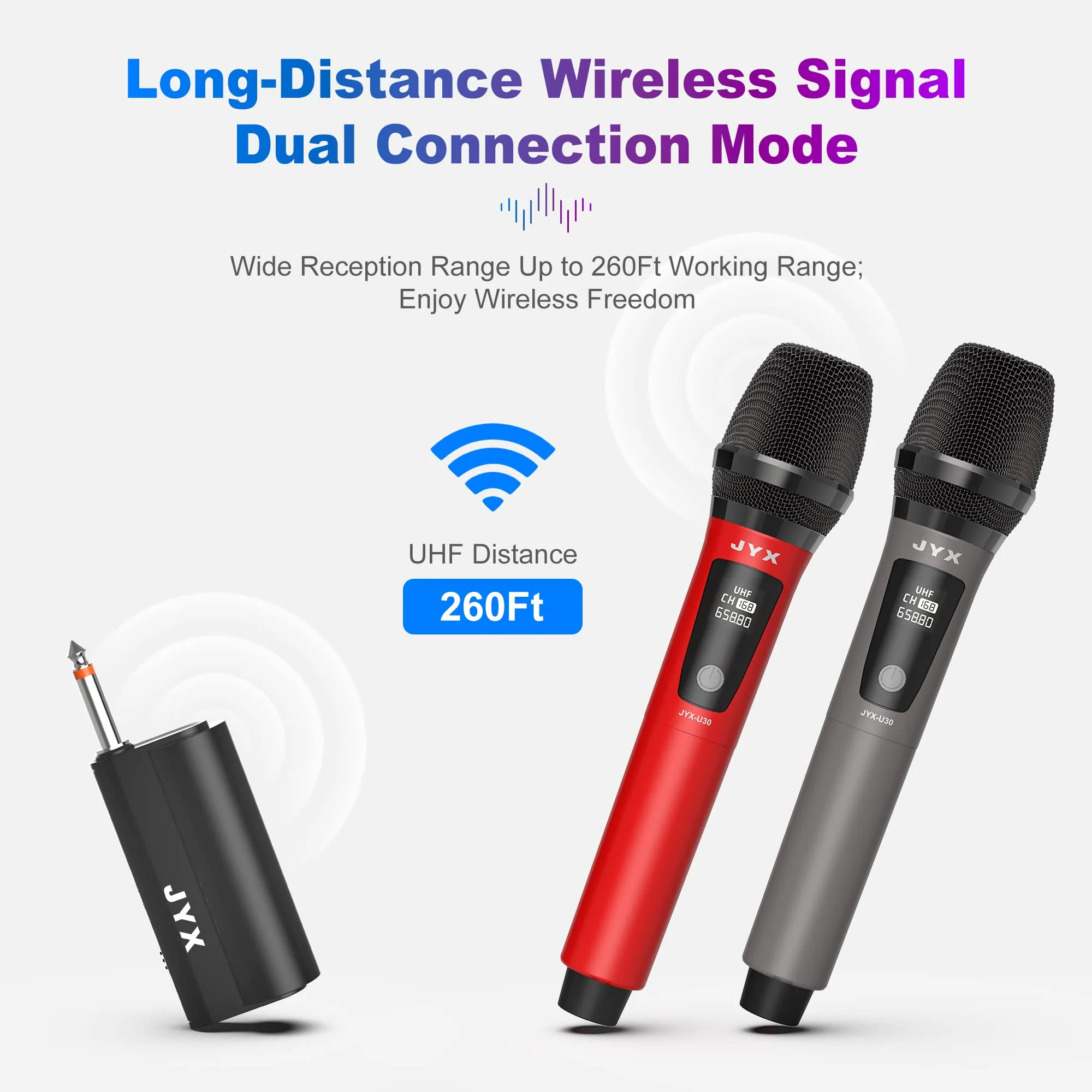 JYX Wireless Microphones, Dual UHF Handheld Dynamic Mic with Receiver, 6.35mm(1/4") Output,3.5mm (1/8") Adapter,160ft Range, Metal Rechargeable Karaoke Microphones for Party, Wedding, Class, Speech - Image 4