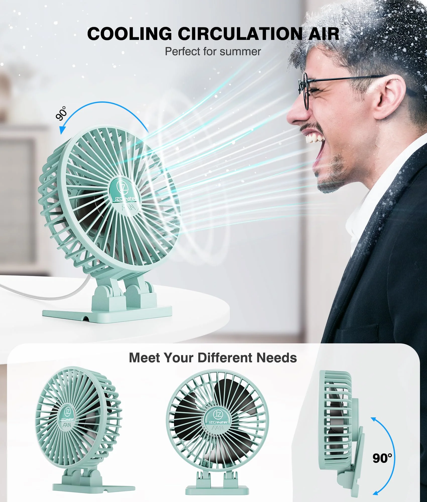 JZCreater USB Desk Fan, Mini Fan Portable, 3 Speeds Desktop Table Cooling Fan, Plug in Power Fan, Rotation Strong Wind, Quiet Personal Small Fan for Home Desktop Office Travel Bedroom, Apple Green - Image 3