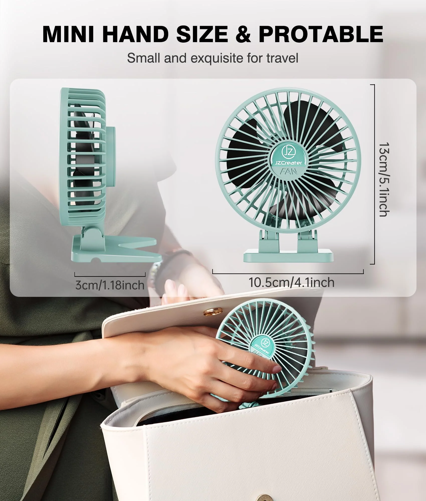 JZCreater USB Desk Fan, Mini Fan Portable, 3 Speeds Desktop Table Cooling Fan, Plug in Power Fan, Rotation Strong Wind, Quiet Personal Small Fan for Home Desktop Office Travel Bedroom, Apple Green - Image 6