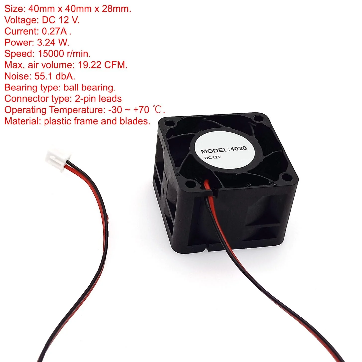 JZK 40 x 40 x 28 mm DC 12 V Mini Cooling Fan 40 mm with 2-Pin Plug, 15000 rpm, 0.27 A, 4028 Ball Bearing Small Brushless DC Fan 4 cm for Cooling or Ventilation, 3D Printer Fan - Image 3