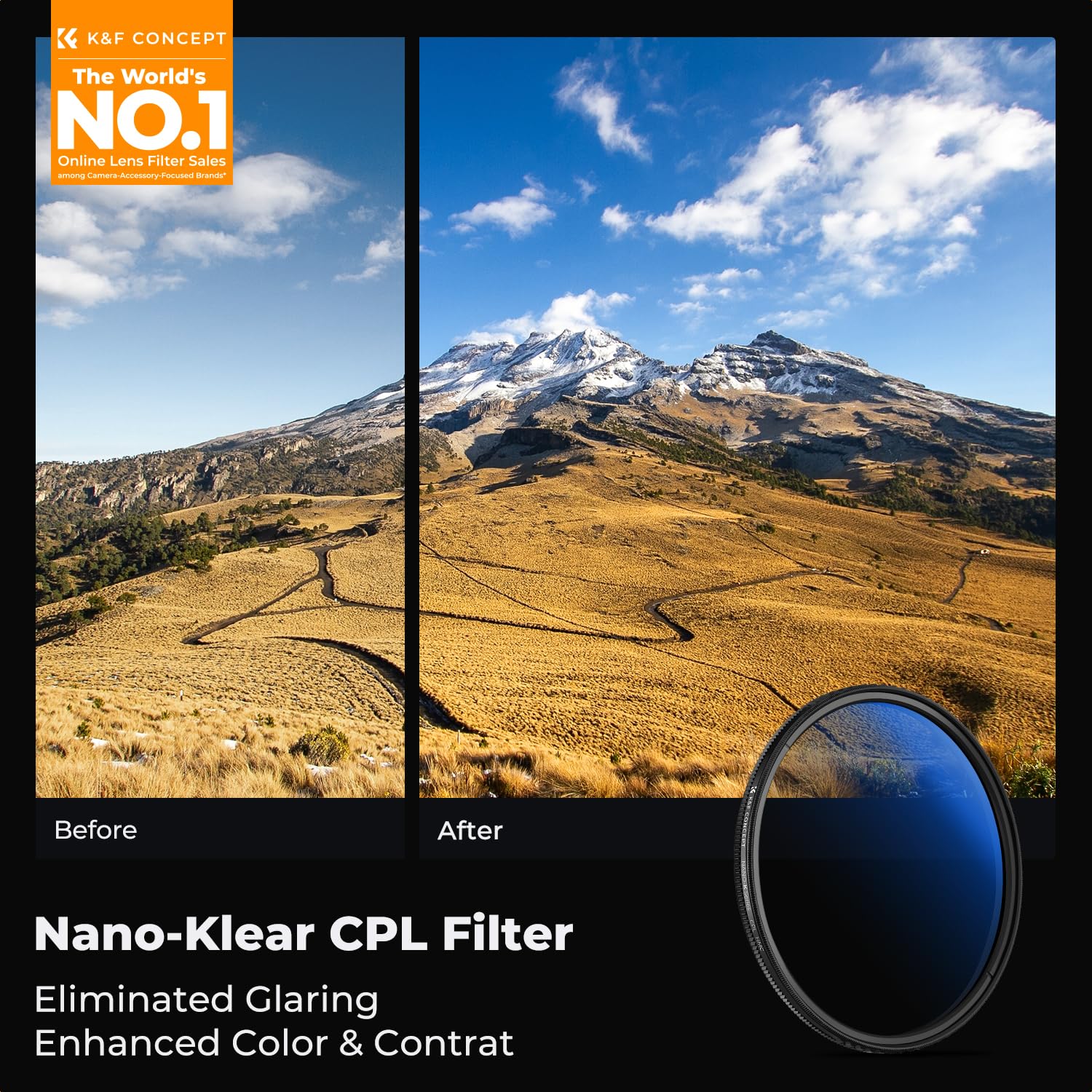 K&F CONCEPT 46mm Circular Polarizer Filter with Lens Cap Cleaning Cloth Optical Glass Ultra Slim 18 Multi-Layer Coatings Polarizing Filter for Camera Lens (K-Series) - Image 2