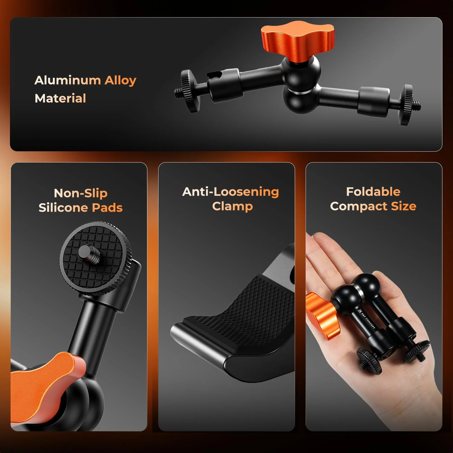 K&F CONCEPT 6" Magic Arm Clamp with Super Clamp, 360°Ballhead Articulating Mini Arm for Monitor, LED Light, Webcam, Action Camera 6" with Clamp - Image 2