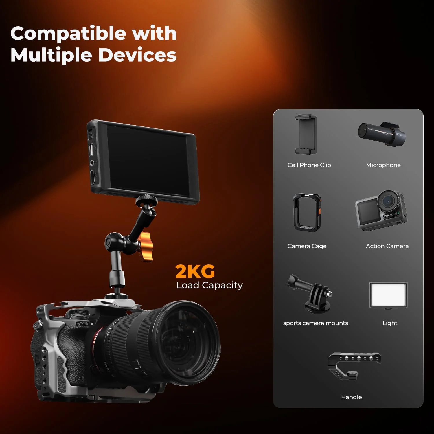 K&F CONCEPT 6" Magic Arm Clamp with Super Clamp, 360°Ballhead Articulating Mini Arm for Monitor, LED Light, Webcam, Action Camera 6" with Clamp - Image 4