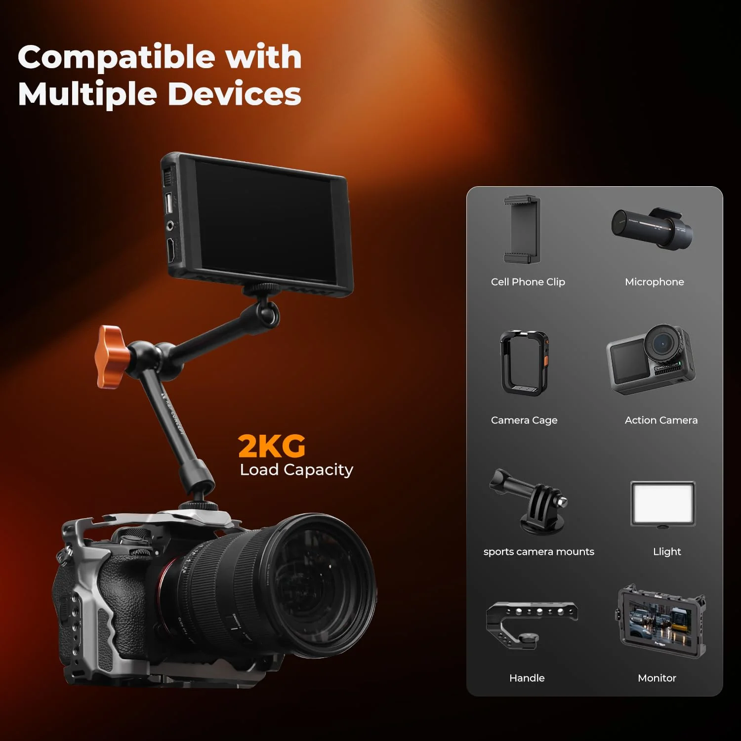 K&F CONCEPT 9.8" Magic Arm Clamp Kit with 1/4" & 3/8" Thread Screw 360° Ball Heads Articulating Magic Arm Camera Mount for Monitor, Flash, LED Light, Microphone, Camera Cage, Action Camera 9.8" with Clamp - Image 3