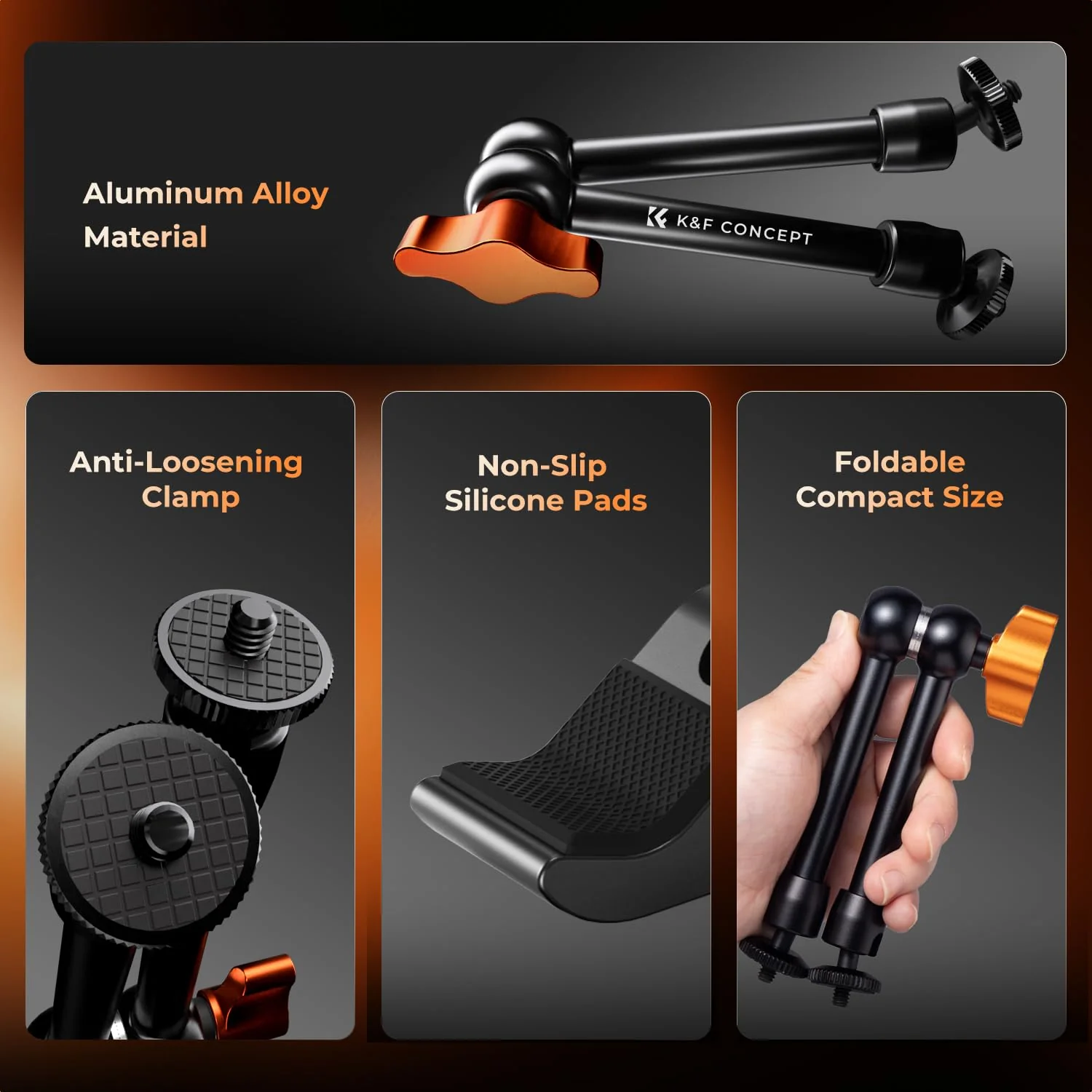 K&F CONCEPT 9.8" Magic Arm Clamp Kit with 1/4" & 3/8" Thread Screw 360° Ball Heads Articulating Magic Arm Camera Mount for Monitor, Flash, LED Light, Microphone, Camera Cage, Action Camera 9.8" with Clamp - Image 4