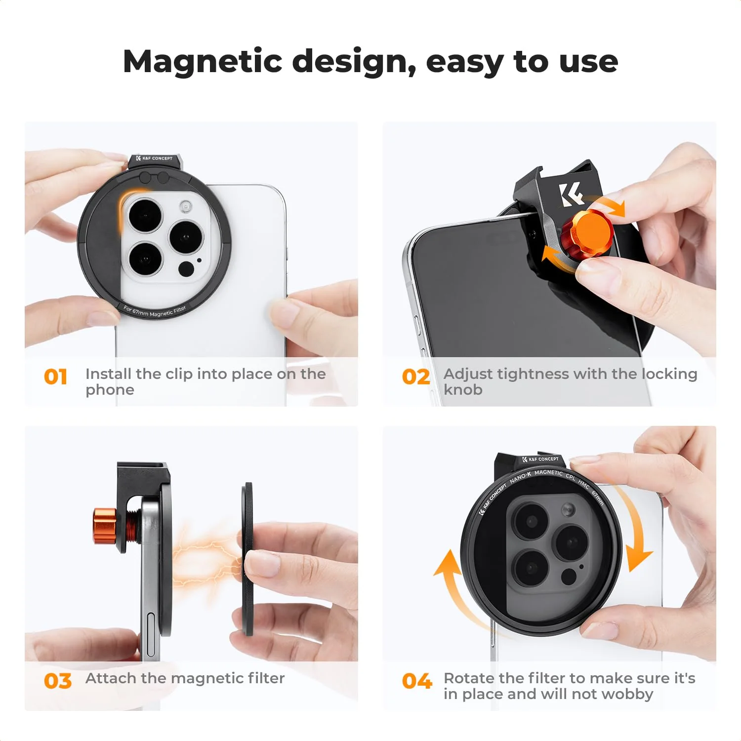 K&F Concept Clip On 67mm CPL Magnetic Phone Lens Filter Kit, Phone Clip with Magnetic Adapter Ring/Cold Shoe/Locking Knob, Polarizer Filter for iPhone 16 15 Pro Max 14 13 - Image 6