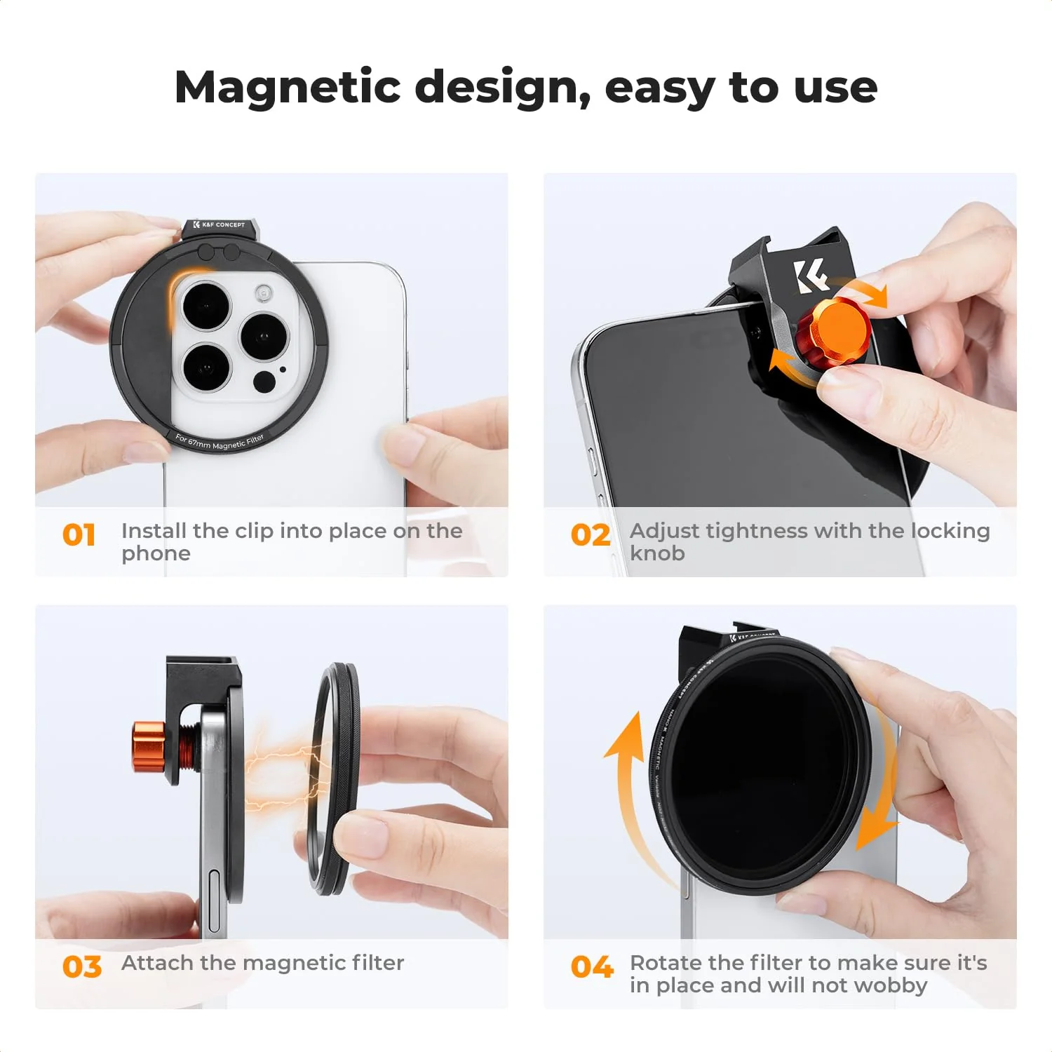 K&F Concept Clip On 67mm Variable ND2-32 Magnetic Phone Lens Filter Kit, Phone Clip with Magnetic Adapter Ring/Cold Shoe/Locking Knob, Neutral Density Filter for iPhone 16 15 Pro Max 14 13 - Image 6