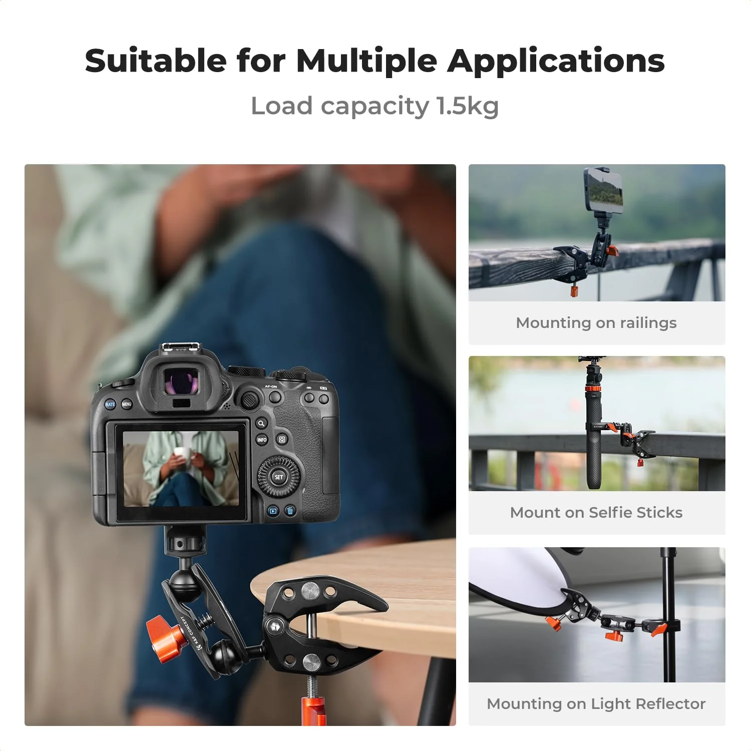 K&F CONCEPT Double Super Clamp Camera Mount with 1/4" Threads Metal Clamp for Chair, Pole, Tripod, Desk, Flag, Umbrella, Motorcycle Mount - Image 2