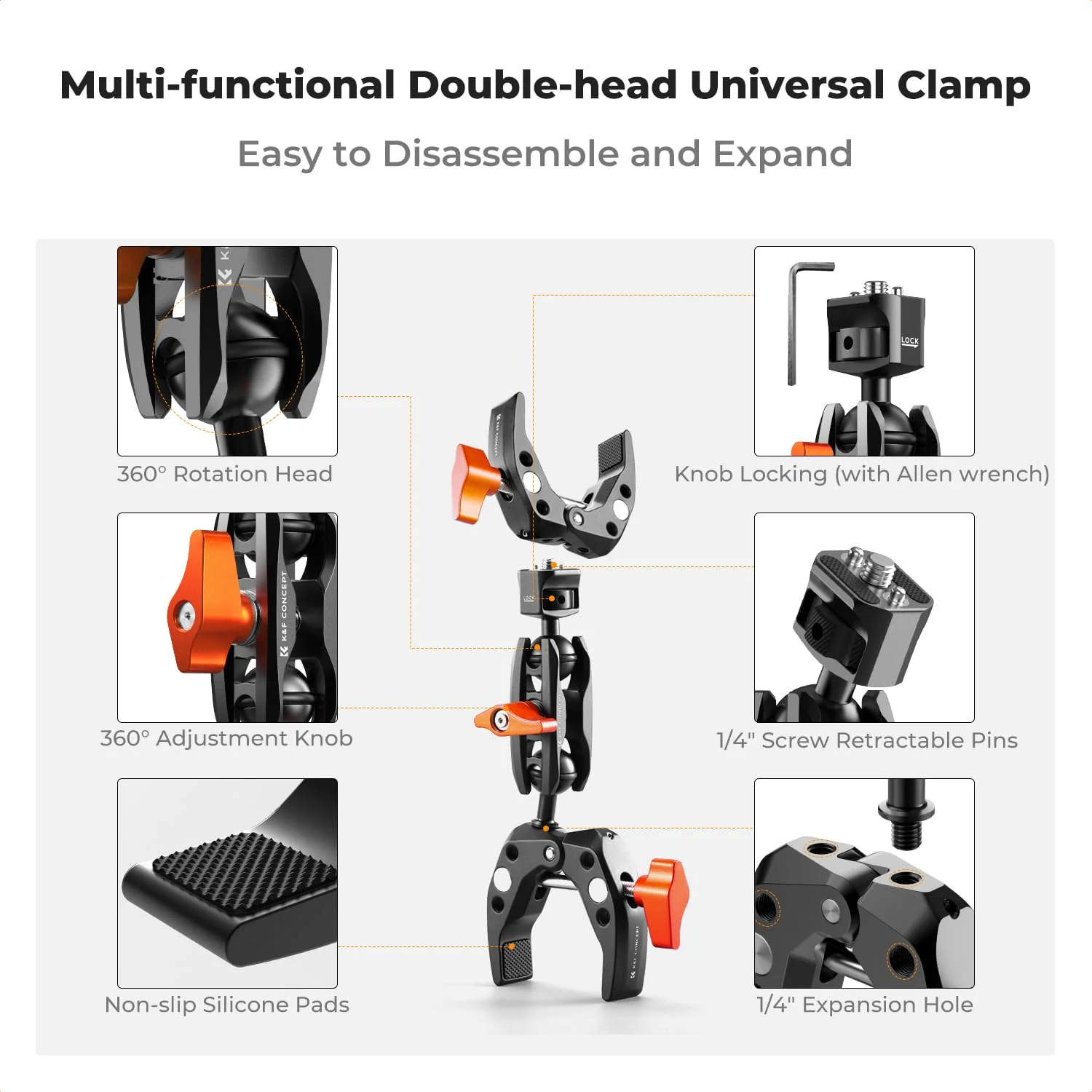 K&F CONCEPT Double Super Clamp Camera Mount with 1/4" Threads Metal Clamp for Chair, Pole, Tripod, Desk, Flag, Umbrella, Motorcycle Mount - Image 3