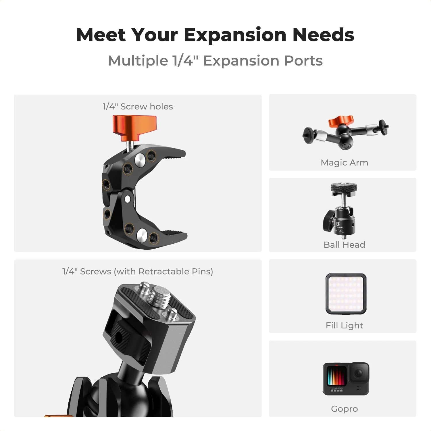K&F CONCEPT Double Super Clamp Camera Mount with 1/4" Threads Metal Clamp for Chair, Pole, Tripod, Desk, Flag, Umbrella, Motorcycle Mount - Image 5