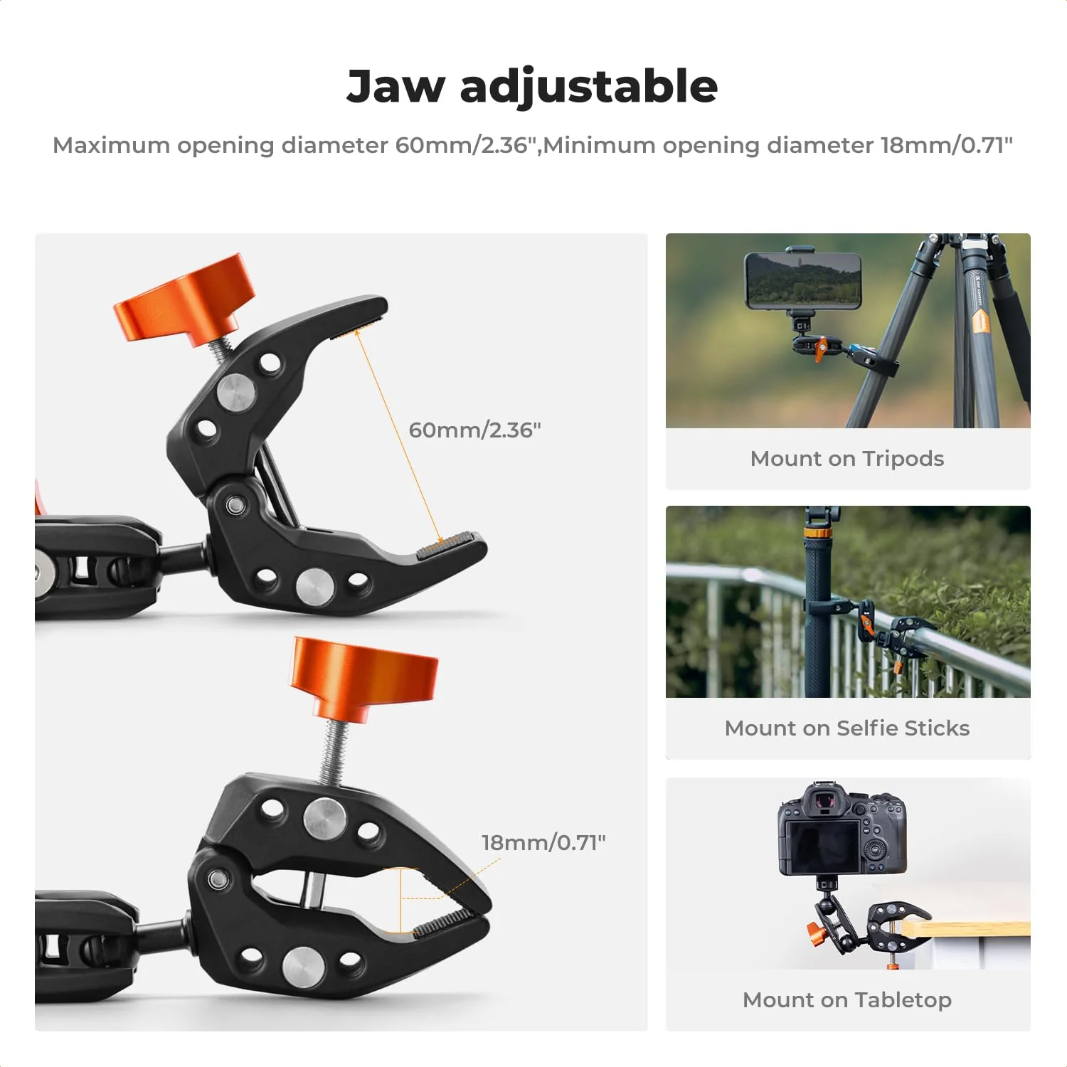 K&F CONCEPT Double Super Clamp Camera Mount with 1/4" Threads Metal Clamp for Chair, Pole, Tripod, Desk, Flag, Umbrella, Motorcycle Mount - Image 7