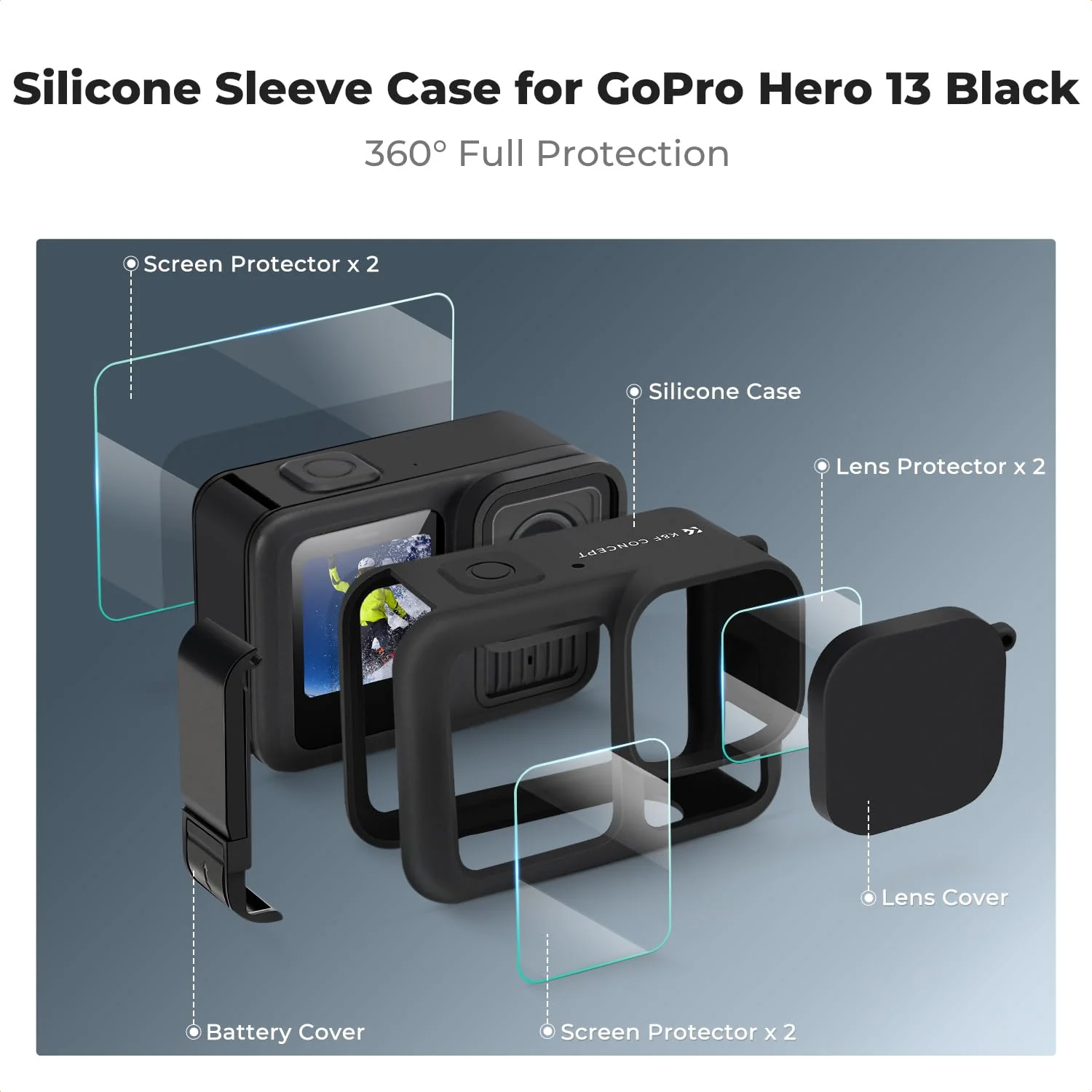 K&F CONCEPT Silicone Sleeve Protective Cover Compatible with GoPro Hero 13 Black, Battery Side Lid + Screen & Lens Protectors & Lens Caps & Lanyard Action Camera Accessories Kit - Image 2