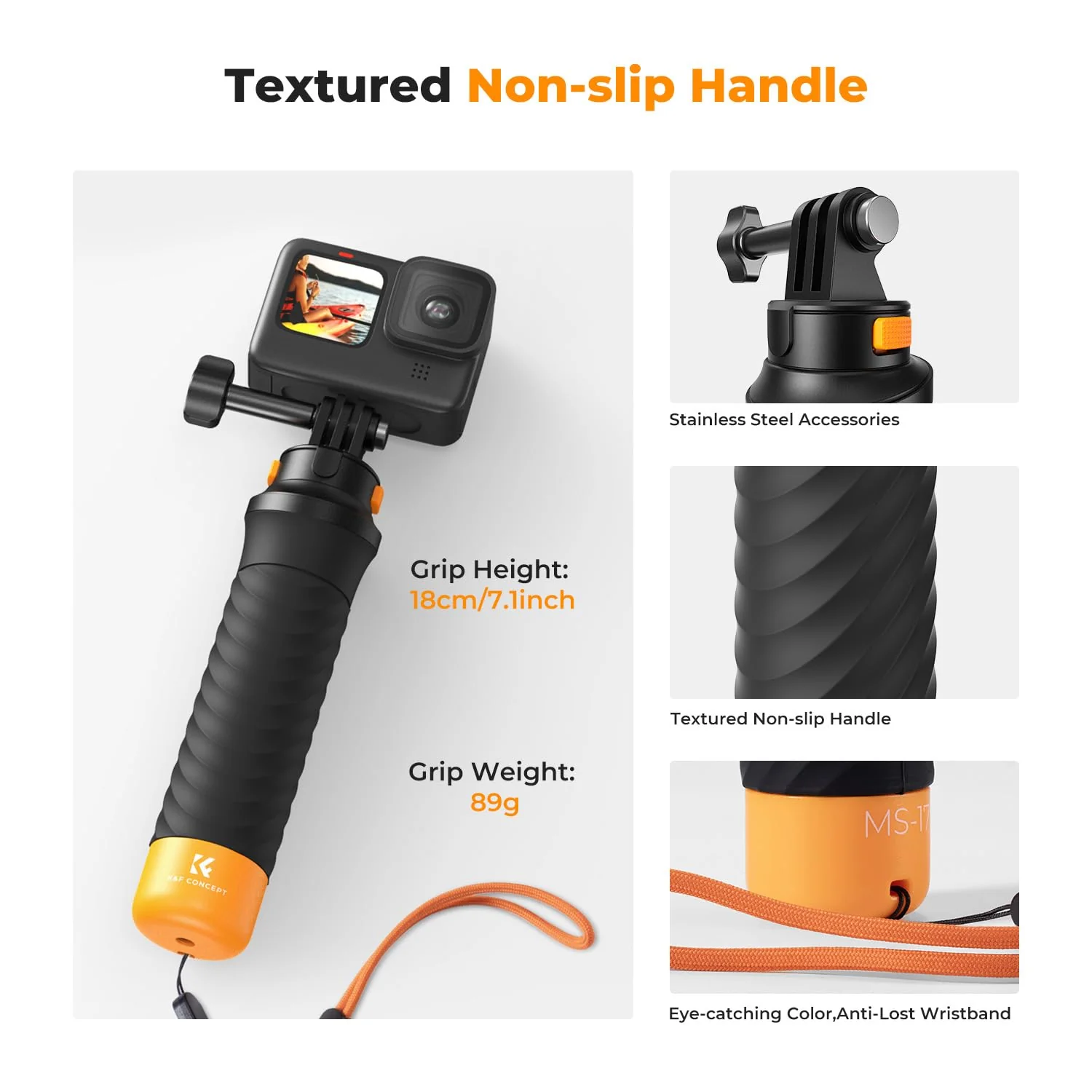 K&F Concept Waterproof Floating Hand Grip, Fast-Release Design Compatible with GoPro, Bottom 1/4 Interface for Most Other Action Cameras, Anti-Slip Handle, Wrist Strap for Water Sports - Image 3
