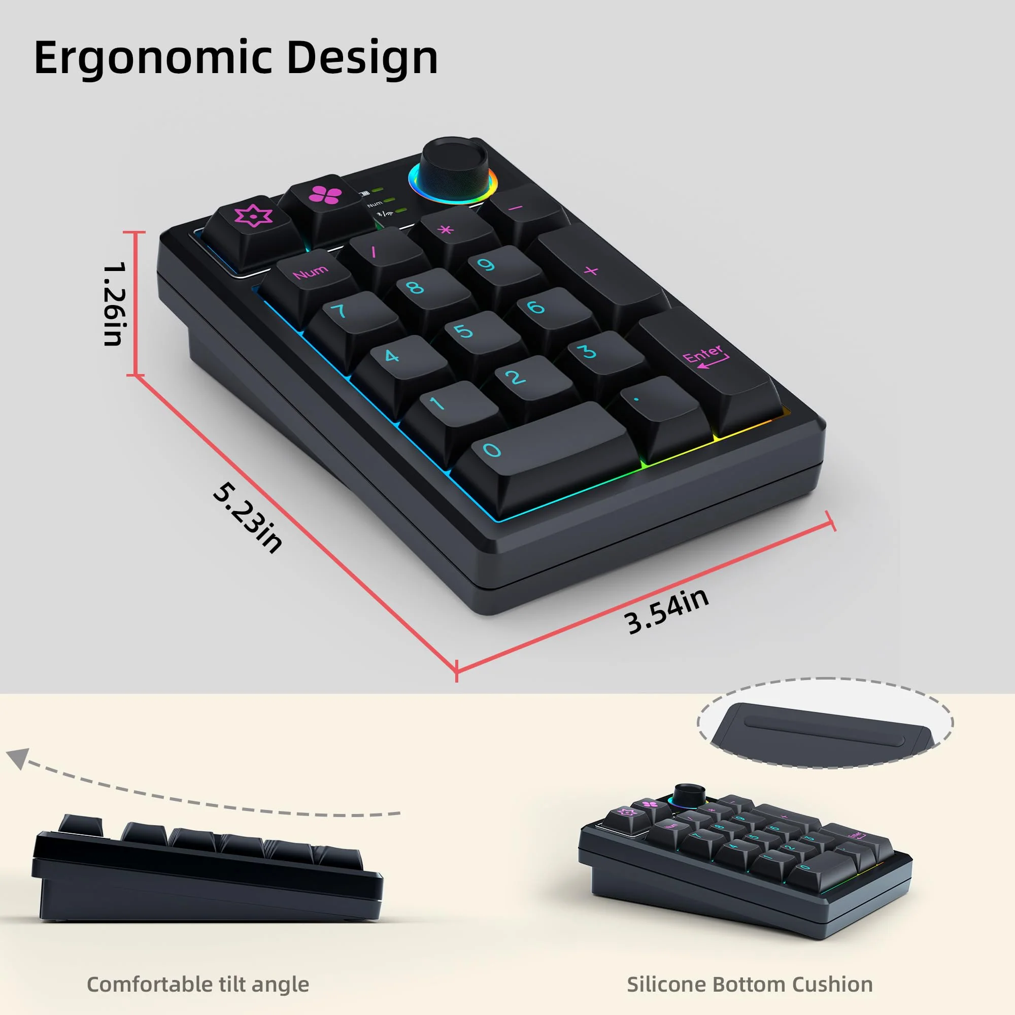 K19 Wireless Numeric Keyboard, Mechanical Number Keypad Hot-swappable Bluetooth Numpad 5.0/2.4GHz, RGB Multi-Function Knob Numerical Keyboard for Laptop Mac Win iOS Android Black - Image 3