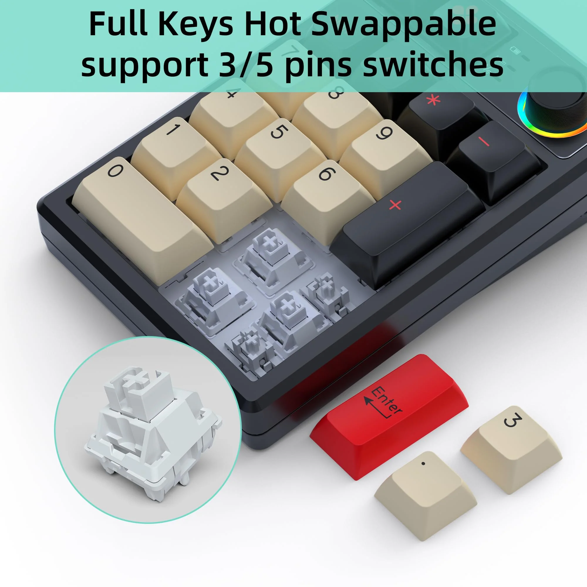 K19 Wireless Numeric Keyboard, Mechanical Number Keypad Hot-swappable Bluetooth Numpad 5.0/2.4GHz, RGB Multi-Function Knob Numerical Keyboard for Laptop Mac Win iOS Android Black - Image 8