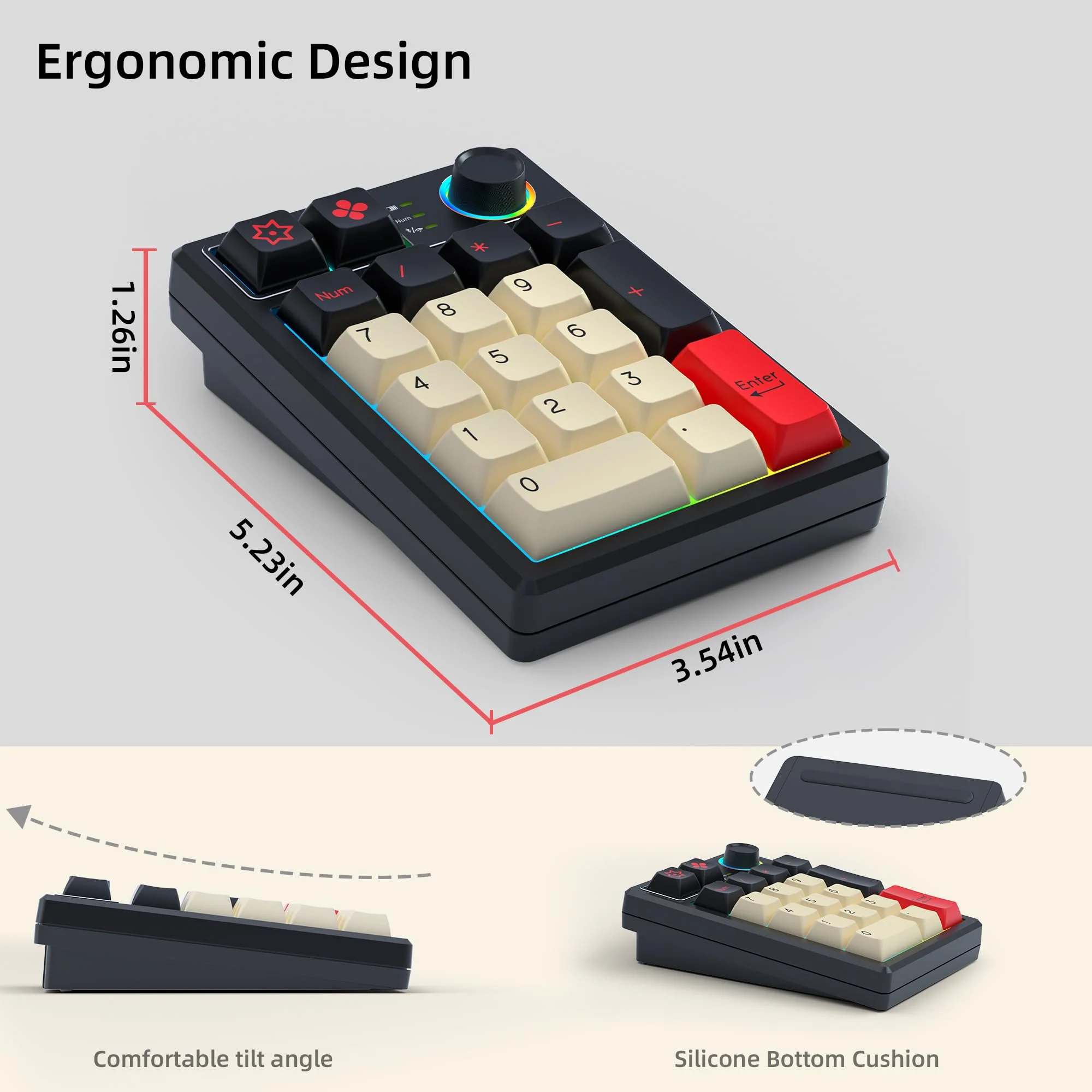K19 Wireless Numeric Keyboard, Mechanical Number Keypad Hot-swappable Bluetooth Numpad 5.0/2.4GHz, RGB Multi-Function Knob Numerical Keyboard for Laptop Mac Win iOS Android Earl Red - Image 5