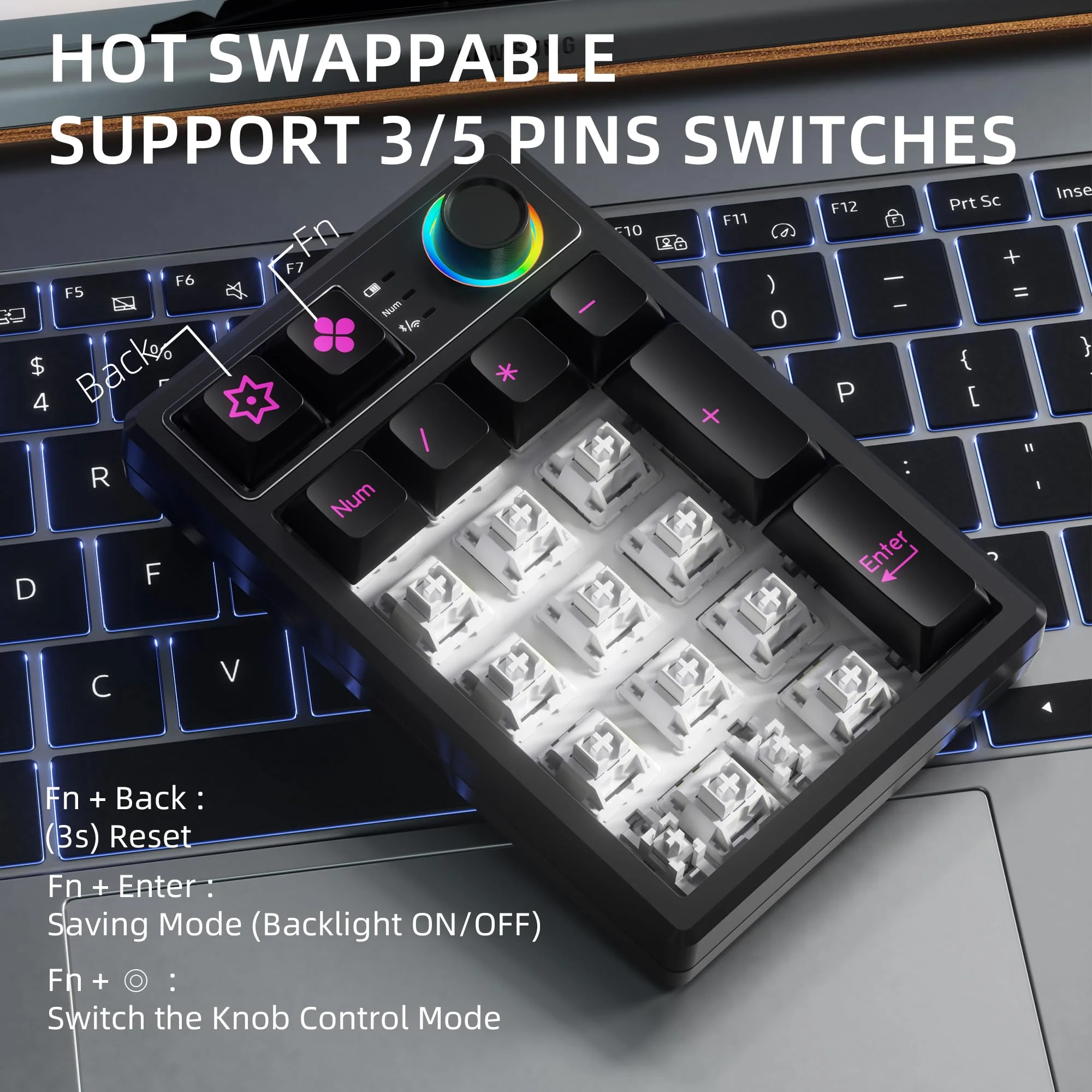 K19 Wireless Numeric Keyboard, Mechanical Number Keypad Hot-swappable Bluetooth Numpad 5.0/2.4GHz, RGB Multi-Function Knob Numerical Keyboard for Laptop Mac Win iOS Android Earl Red - Image 6
