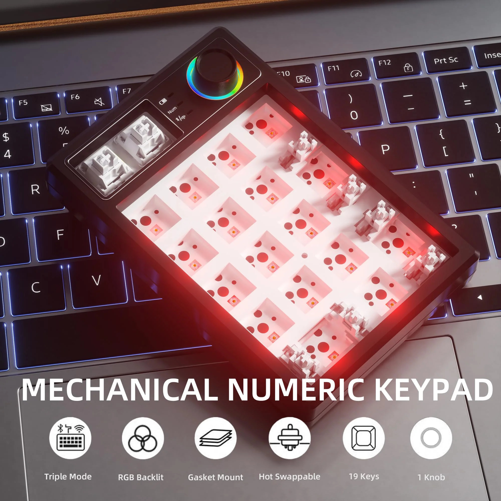 K19 Wireless Numeric Keyboard, Mechanical Number Keypad Hot-swappable Bluetooth Numpad 5.0/2.4GHz, RGB Multi-Function Knob Numerical Keyboard for Laptop Mac Win iOS Android Earl Red - Image 8
