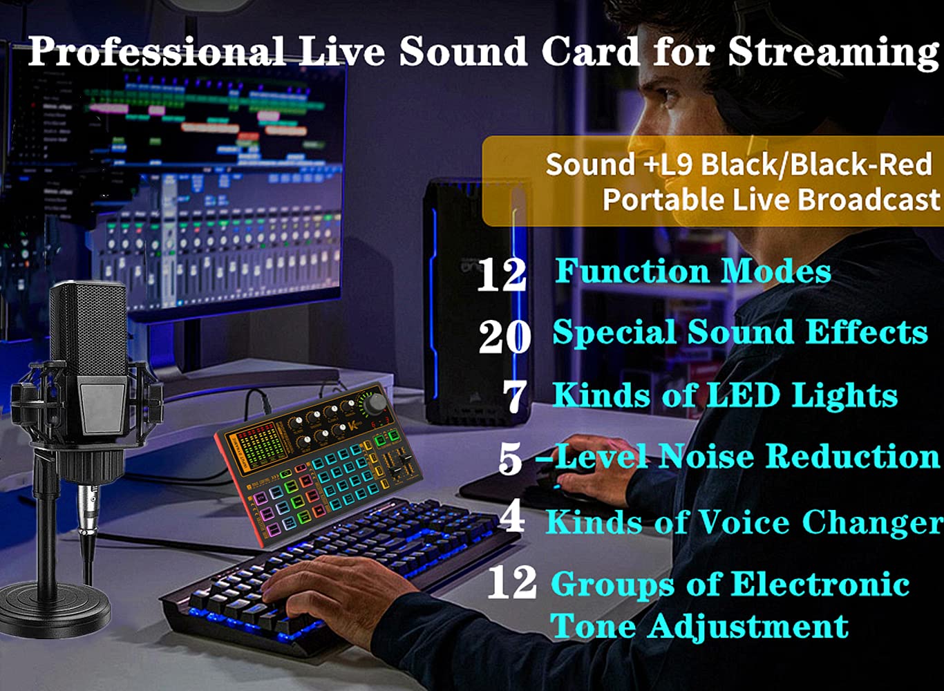 K300 Podcast Equipment Bundle, With Podcast Condenser Microphone, Voice Changer Sound Card with Multiple Sound Effects and LED Light, Prefect for Streaming/Podcasting/Gaming/Recording/YouTube/PC SK300 Mic - Image 2
