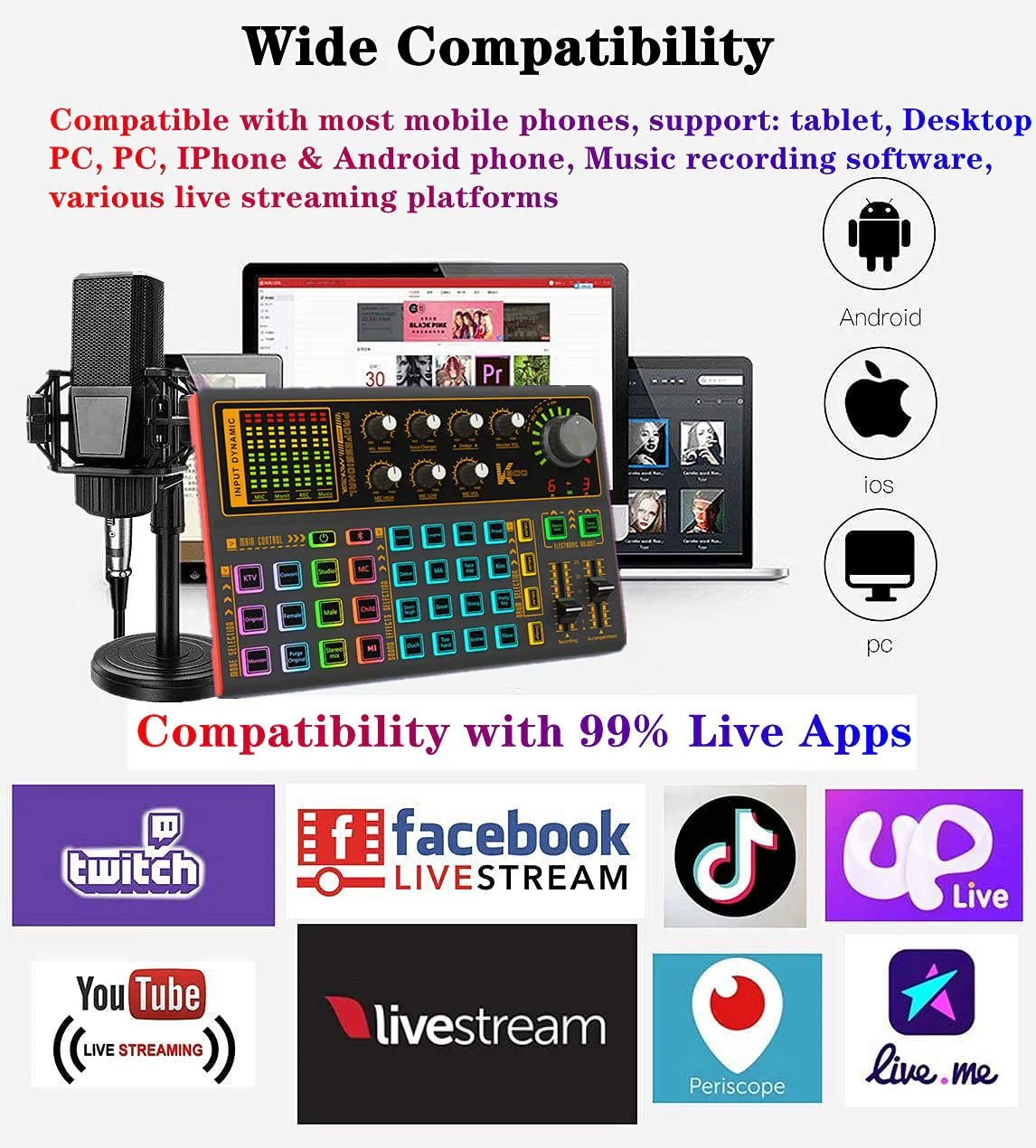 K300 Podcast Equipment Bundle, With Podcast Condenser Microphone, Voice Changer Sound Card with Multiple Sound Effects and LED Light, Prefect for Streaming/Podcasting/Gaming/Recording/YouTube/PC SK300 Mic - Image 5