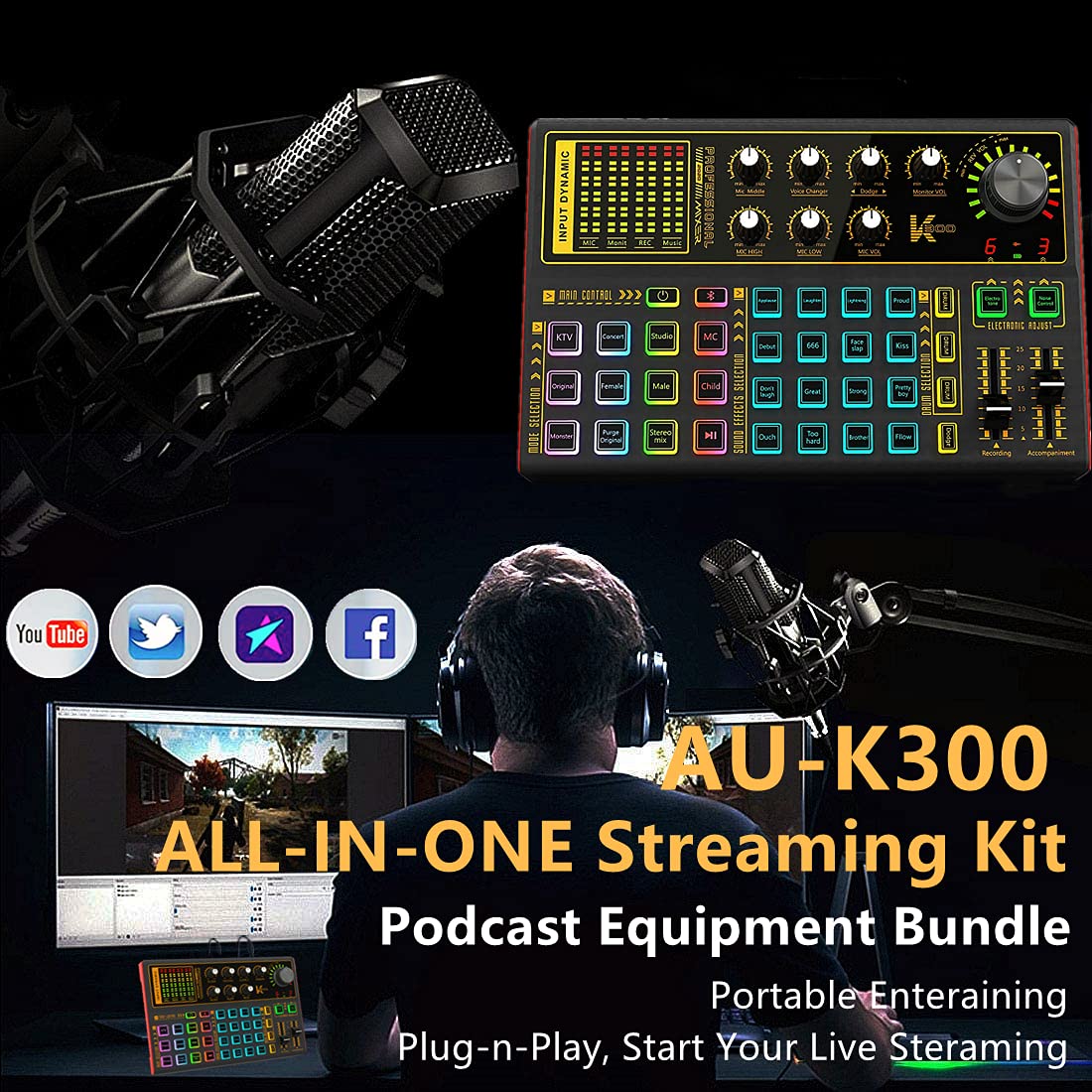 K300 Podcast Equipment Bundle, With Podcast Condenser Microphone, Voice Changer Sound Card with Multiple Sound Effects and LED Light, Prefect for Streaming/Podcasting/Gaming/Recording/YouTube/PC SK300 Mic - Image 7