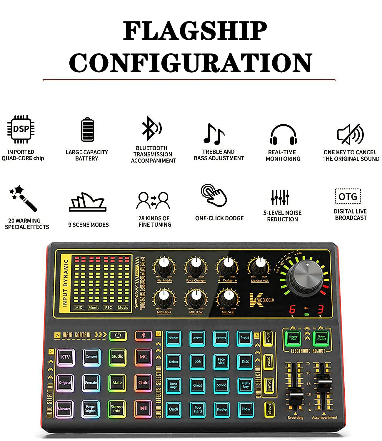 K300 Podcast Equipment Bundle, With Podcast Condenser Microphone, Voice Changer Sound Card with Multiple Sound Effects and LED Light, Prefect for Streaming/Podcasting/Gaming/Recording/YouTube/PC SK300 Mic - Image 8