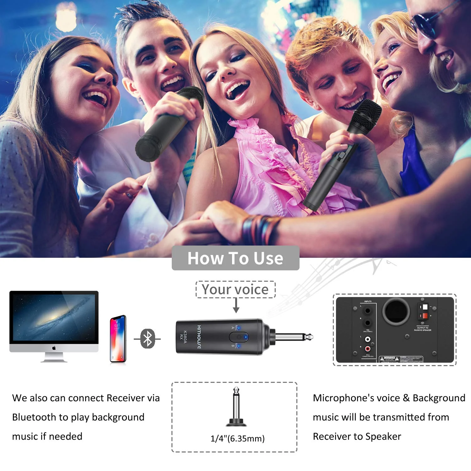 K380A Wireless Microphones - Dual UHF Handheld Cordless Mics with Rechargeable Bluetooth Receiver - Karaoke/Speech/Church (Elegant Black) - Image 2