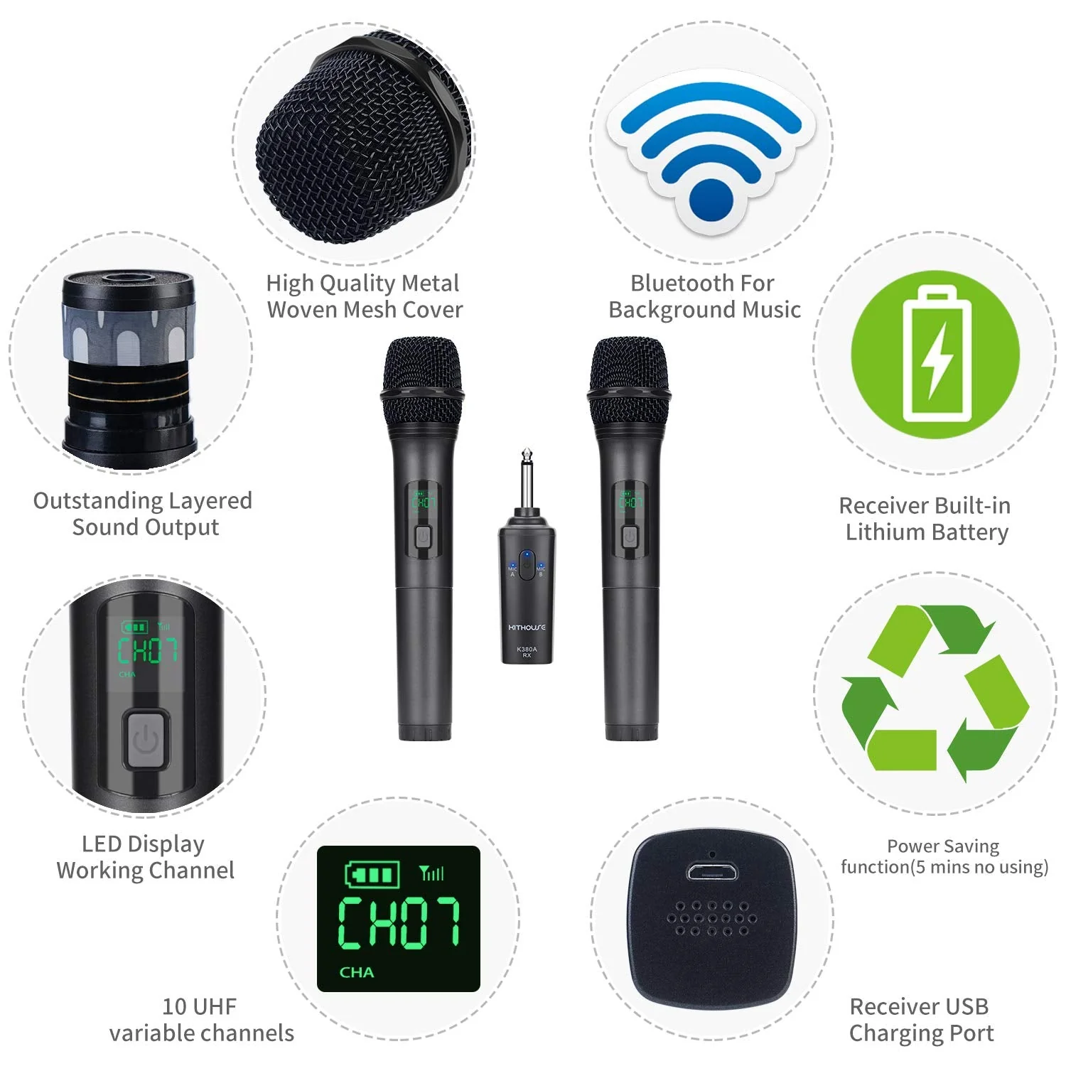 K380A Wireless Microphones - Dual UHF Handheld Cordless Mics with Rechargeable Bluetooth Receiver - Karaoke/Speech/Church (Elegant Black) - Image 4