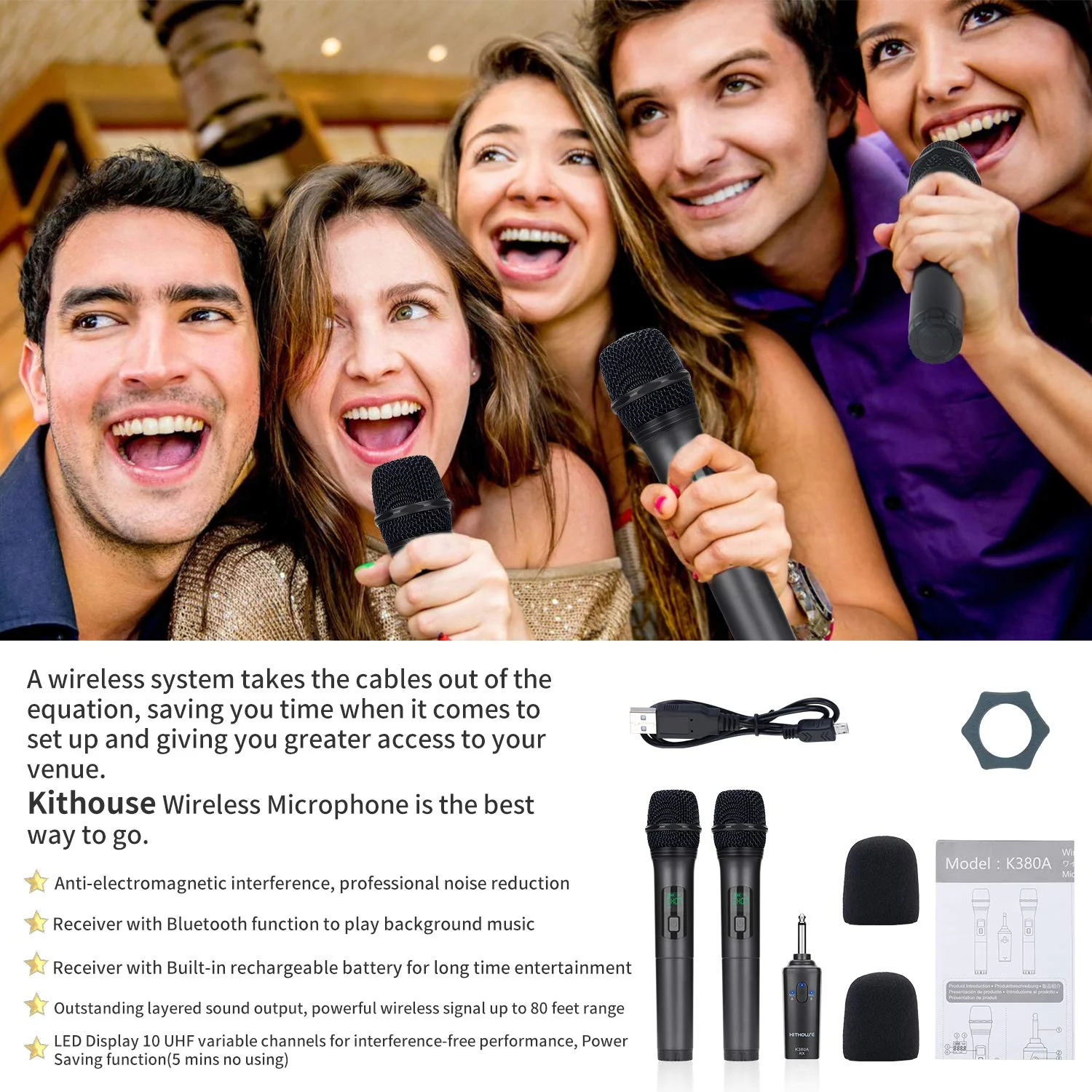 K380A Wireless Microphones - Dual UHF Handheld Cordless Mics with Rechargeable Bluetooth Receiver - Karaoke/Speech/Church (Elegant Black) - Image 6