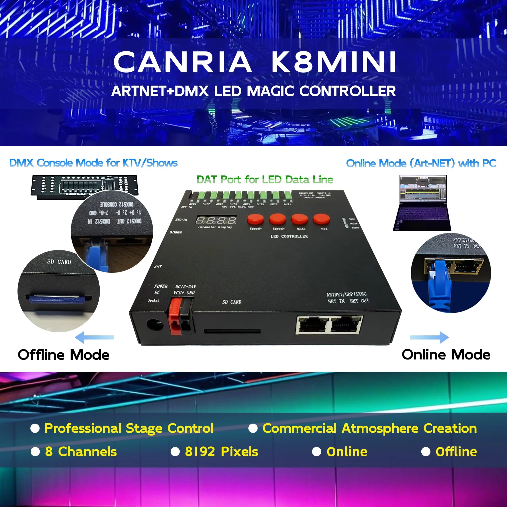 K8MINI ARTNET+DMX Console LED Pixel Controller, for SPI-TTL LED Light, Online Offline, Addressable Programmable, 2G SD Card With 96 Program Modes and Offline Software. K8 MINI ARTNET - Image 2