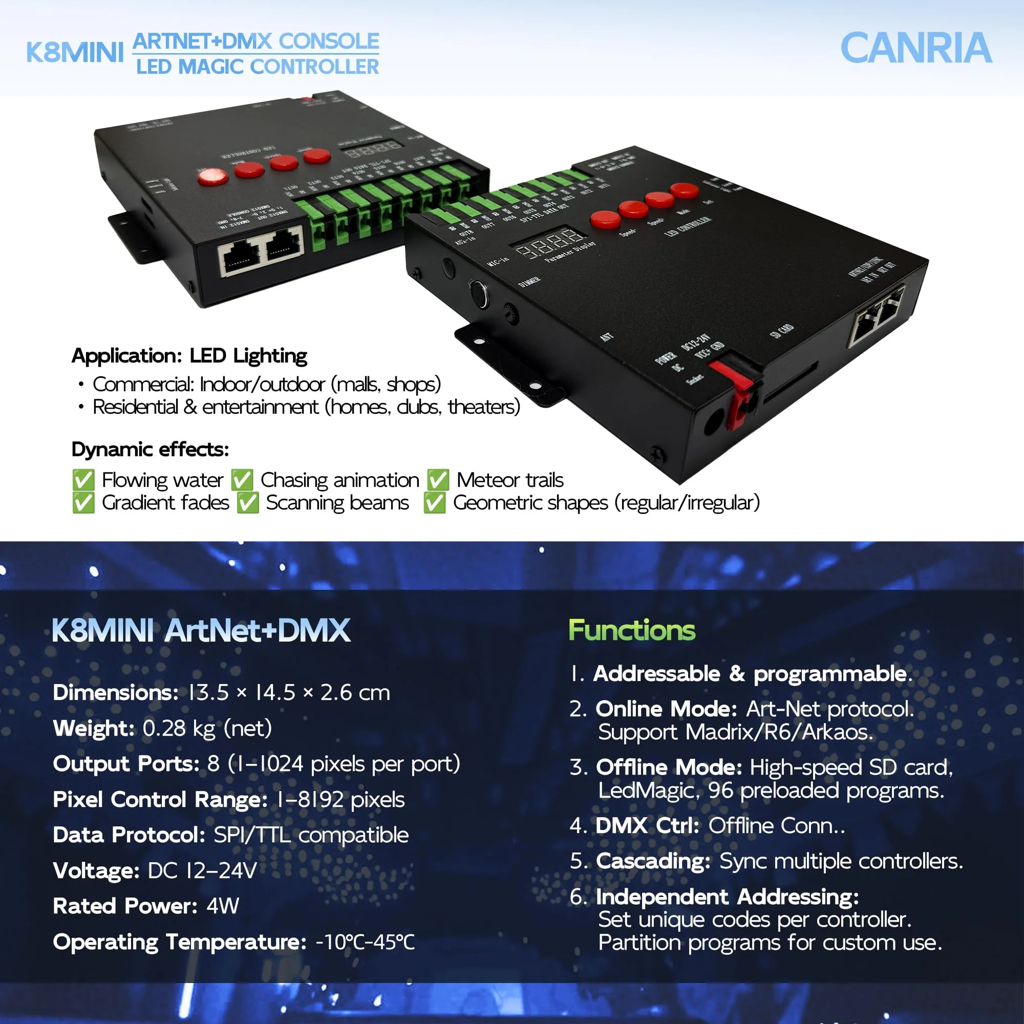 K8MINI ARTNET+DMX Console LED Pixel Controller, for SPI-TTL LED Light, Online Offline, Addressable Programmable, 2G SD Card With 96 Program Modes and Offline Software. K8 MINI ARTNET - Image 3
