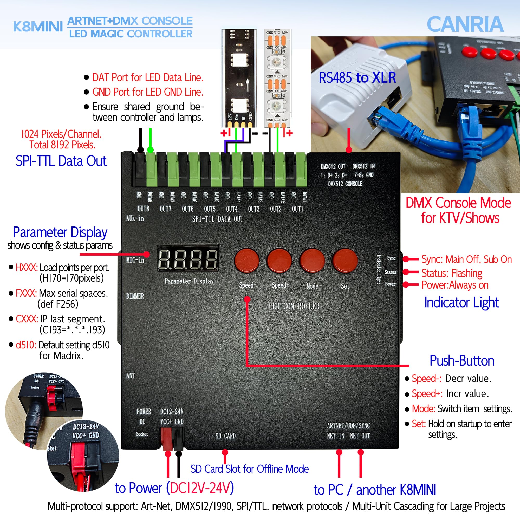 K8MINI ARTNET+DMX Console LED Pixel Controller, for SPI-TTL LED Light, Online Offline, Addressable Programmable, 2G SD Card With 96 Program Modes and Offline Software. K8 MINI ARTNET - Image 4
