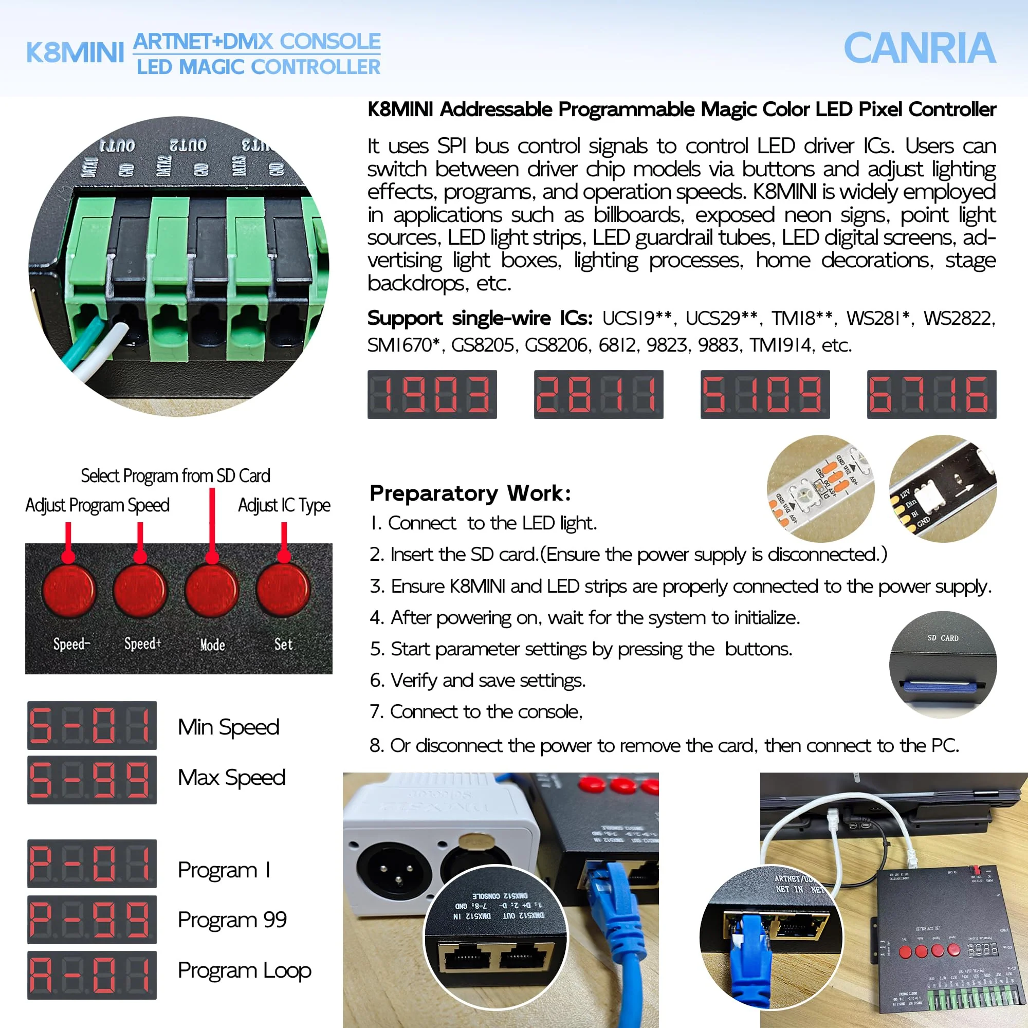 K8MINI ARTNET+DMX Console LED Pixel Controller, for SPI-TTL LED Light, Online Offline, Addressable Programmable, 2G SD Card With 96 Program Modes and Offline Software. K8 MINI ARTNET - Image 5