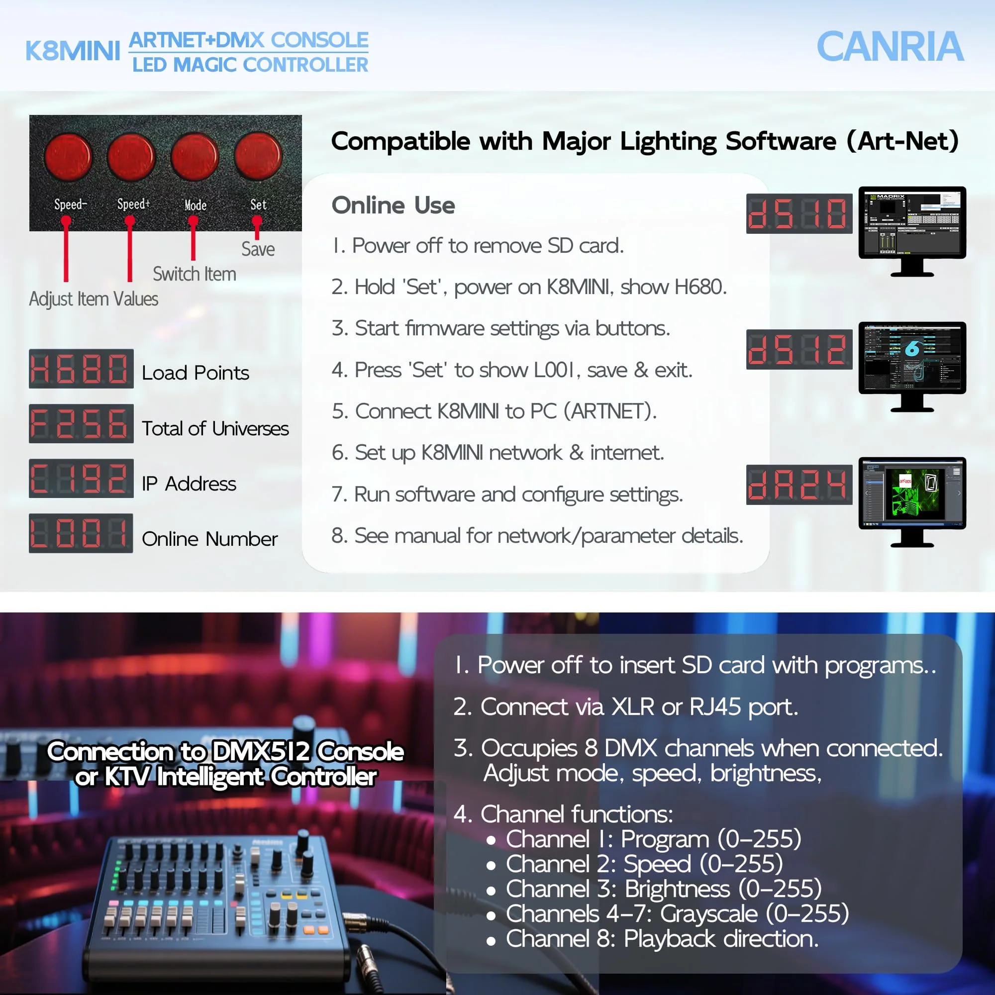 K8MINI ARTNET+DMX Console LED Pixel Controller, for SPI-TTL LED Light, Online Offline, Addressable Programmable, 2G SD Card With 96 Program Modes and Offline Software. K8 MINI ARTNET - Image 6