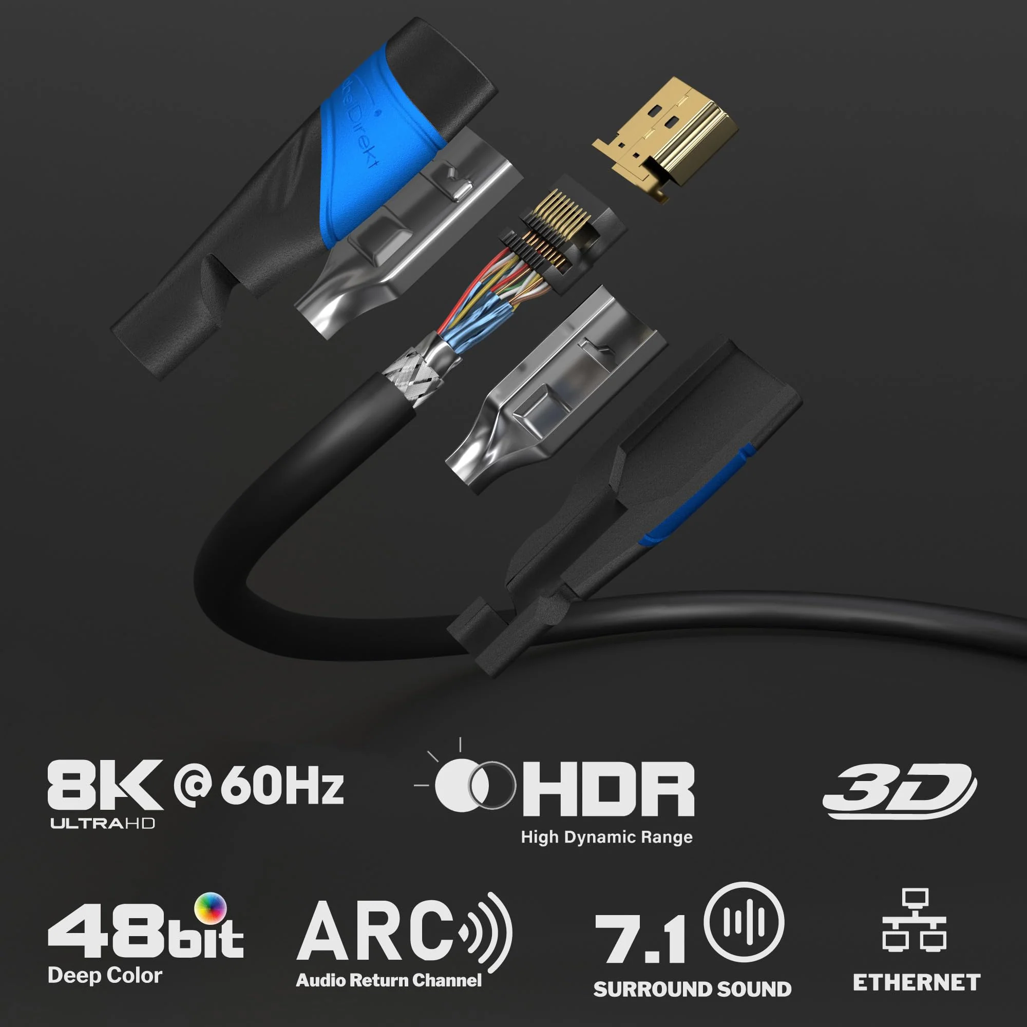 KabelDirekt – 8K / 4K HDMI Cable – 1.5ft & More HDMI Cables (0.5ft–75ft) – German-Engineered HDMI Cord – Supports 10K/8K@60Hz/4K@120Hz – HDMI Cable for HDTV, PC, PS5, Xbox, Switch 1.5 ft 1-Pack Black/Blue - Image 2