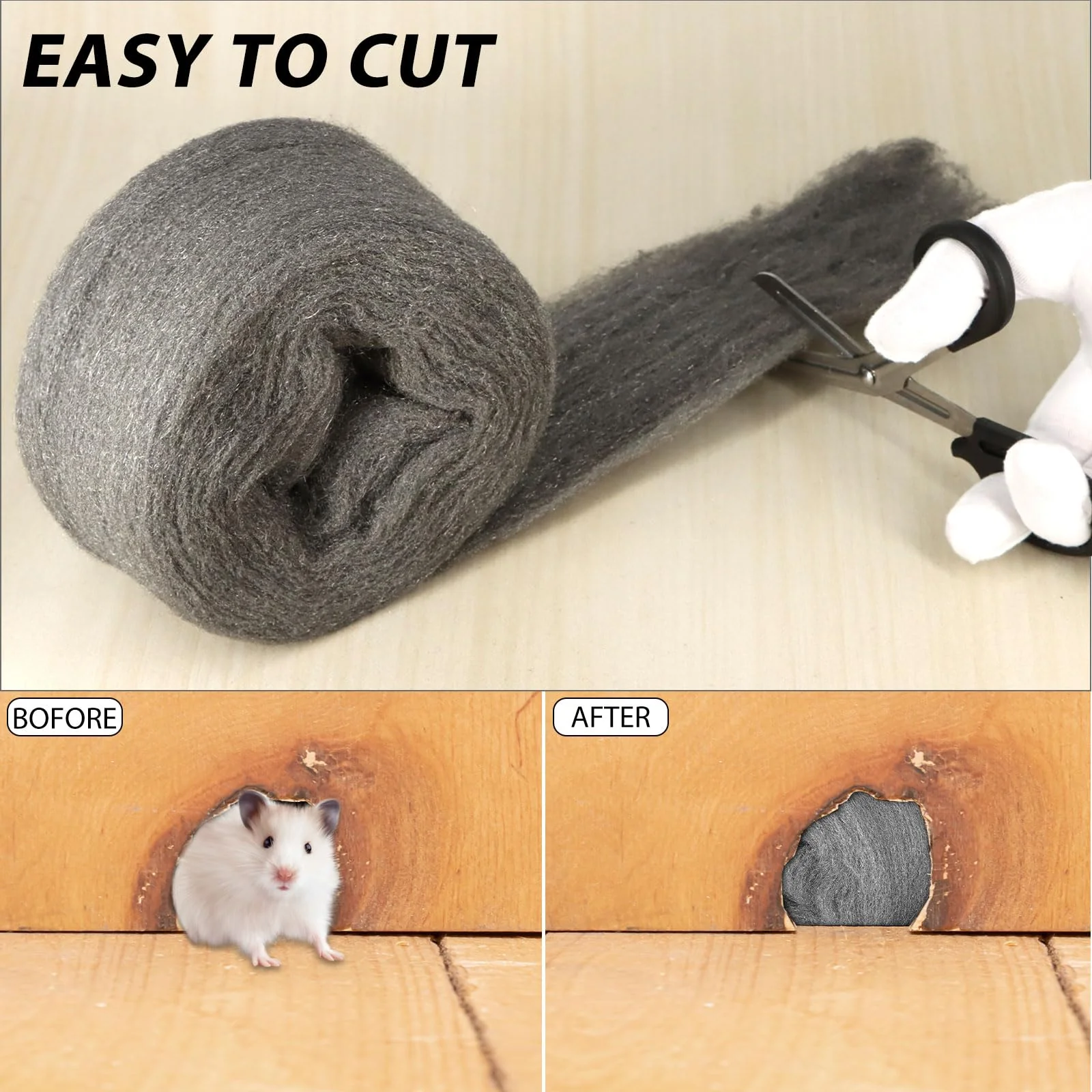 KACNON 000 Steel Wool, 5 Rolls 20 m Steel Wool Against Mice, with Gloves and Scissors, Stainless Steel Wool, Fine Against Rodents, Steel Wool, for Holes and Wall Cracks, Home, Garage - Image 4
