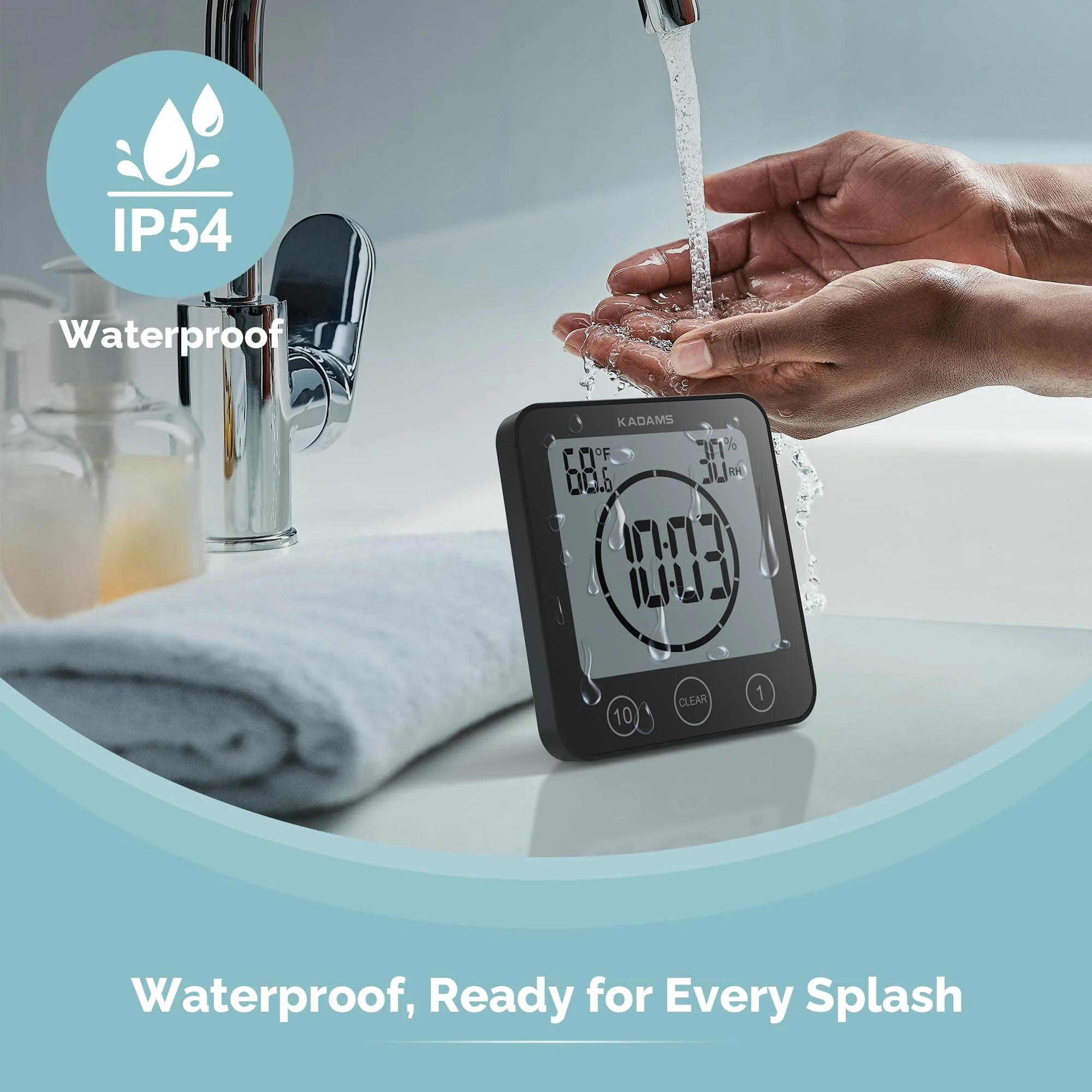KADAMS Shower Clock Waterproof Bathroom Timer – Digital Wall Clock with Countdown, Magnetic Kitchen Clock with Temperature & Humidity, Suction Cup for Kids Shower Spa Cook Bath (Black) Black - Image 3