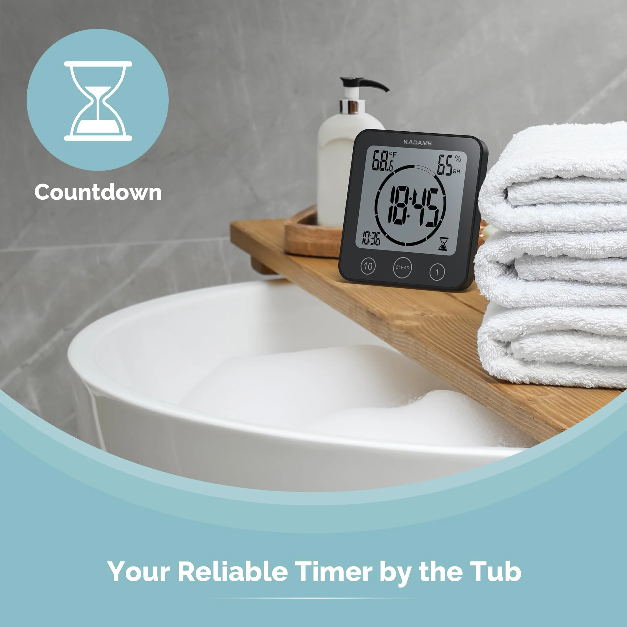 KADAMS Shower Clock Waterproof Bathroom Timer – Digital Wall Clock with Countdown, Magnetic Kitchen Clock with Temperature & Humidity, Suction Cup for Kids Shower Spa Cook Bath (Black) Black - Image 4