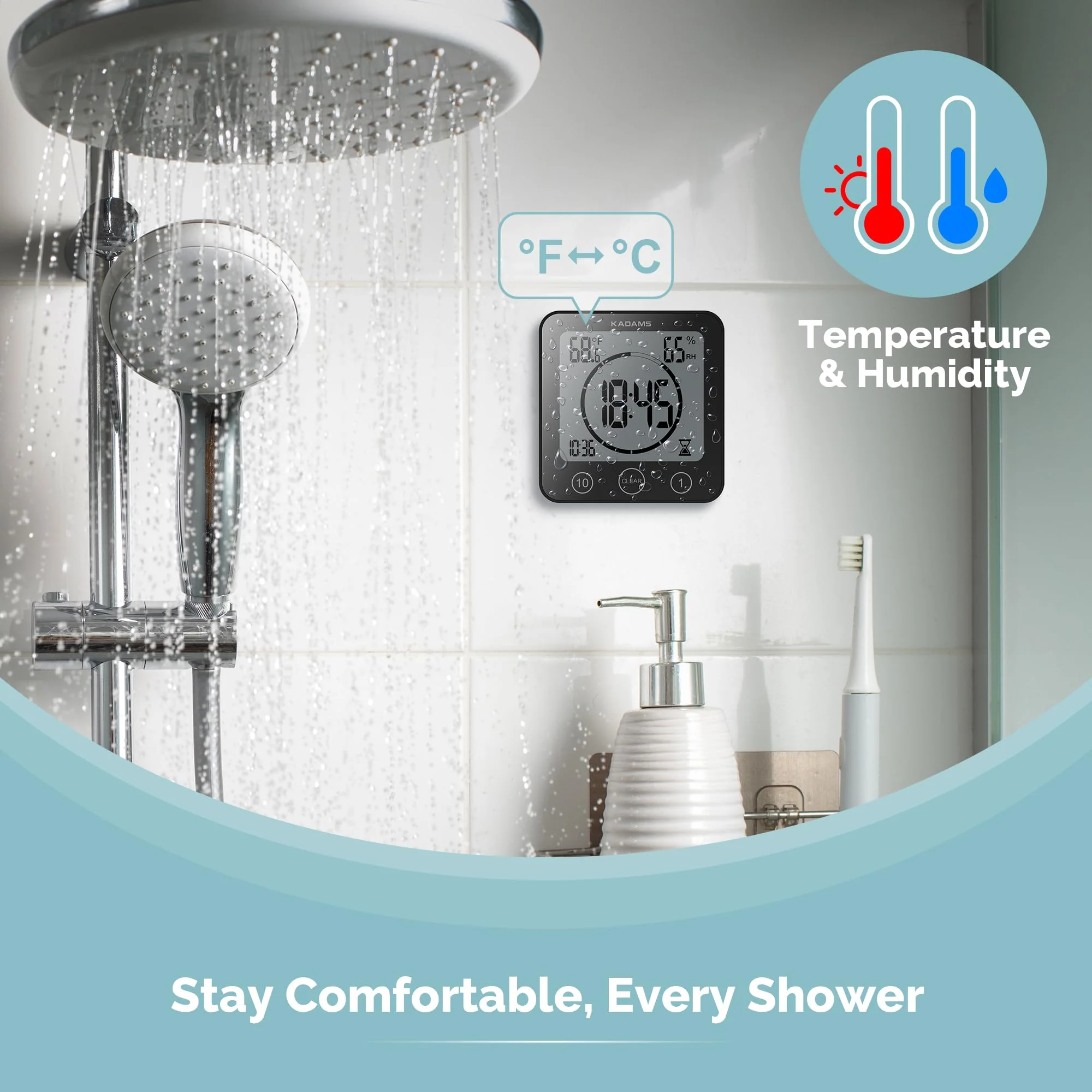 KADAMS Shower Clock Waterproof Bathroom Timer – Digital Wall Clock with Countdown, Magnetic Kitchen Clock with Temperature & Humidity, Suction Cup for Kids Shower Spa Cook Bath (Black) Black - Image 5