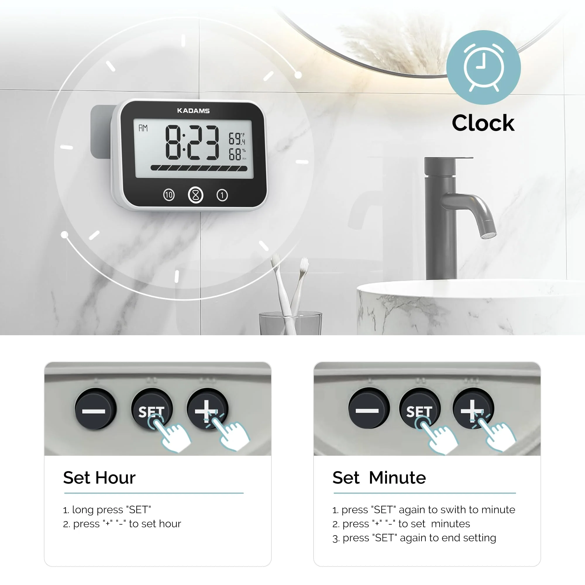 KADAMS Shower Timer Clock Waterproof Bathroom Timer – Digital Wall Clock with Countup & Countdown, Kitchen Clock with Temperature, Suction Cup for Kids Shower Spa Cook Bath (Black, Rectangular) - Image 5