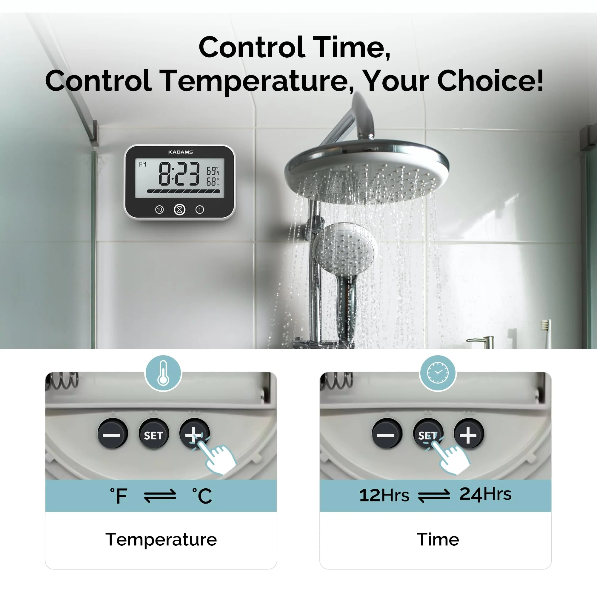 KADAMS Shower Timer Clock Waterproof Bathroom Timer – Digital Wall Clock with Countup & Countdown, Kitchen Clock with Temperature, Suction Cup for Kids Shower Spa Cook Bath (Black, Rectangular) - Image 6
