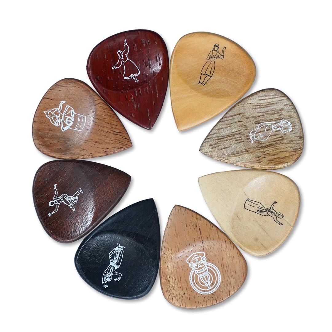 Kadence Heritage Wooden Guitar Picks – Set of 8 Handmade Picks with Indian State Woods & Art – Includes Maplewood, Teakwood, Ebonywood – For Acoustic & Electric Guitars - Image 2