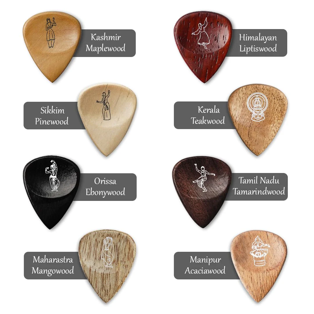 Kadence Heritage Wooden Guitar Picks – Set of 8 Handmade Picks with Indian State Woods & Art – Includes Maplewood, Teakwood, Ebonywood – For Acoustic & Electric Guitars - Image 3