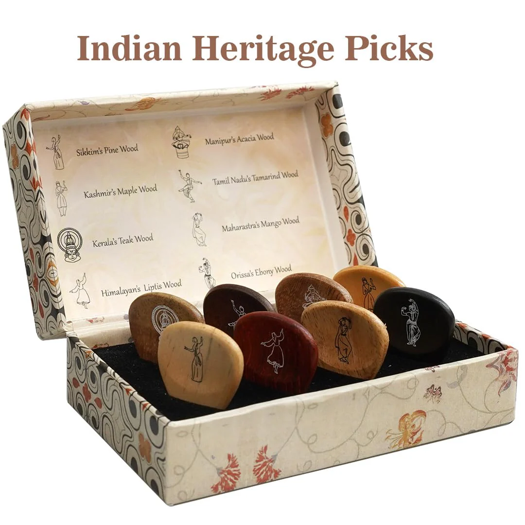 Kadence Heritage Wooden Guitar Picks – Set of 8 Handmade Picks with Indian State Woods & Art – Includes Maplewood, Teakwood, Ebonywood – For Acoustic & Electric Guitars - Image 4