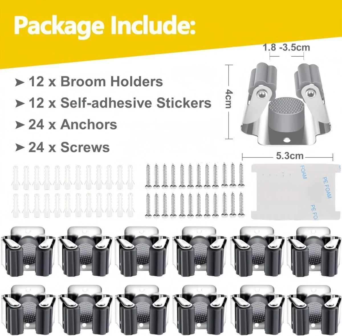KAHEIGN 12-Piece Tool Holder Set, Broom Holder, Wall Garden Tool Holder, Broom Holder, Wall, Stainless Steel Wall Mount for Mop, Broom, Shovel, Garden Tools, Tool Holder Home Garden - Image 3